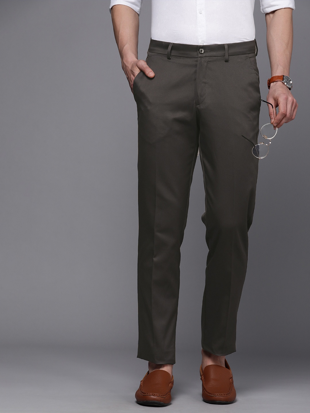 

Louis Philippe Men Pure Cotton Slim Fit Smart Casual Trousers, Grey