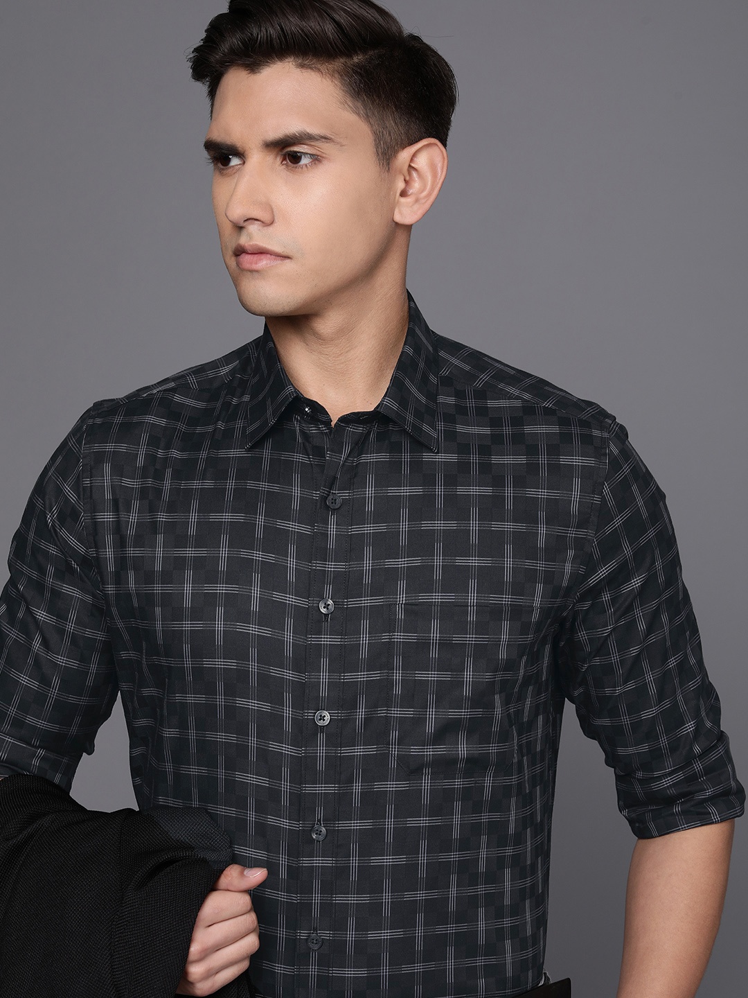 

Louis Philippe Pure Cotton Slim Fit Tartan Checks Opaque Formal Shirt, Black