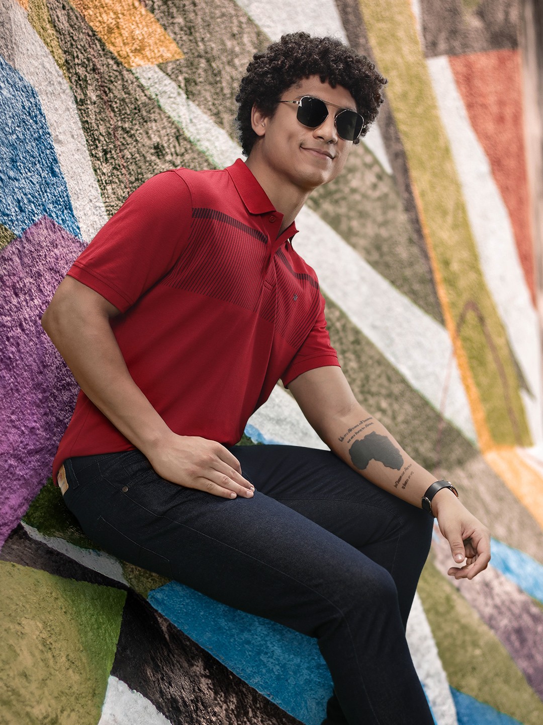 

Louis Philippe Striped Polo Collar T-shirt, Red