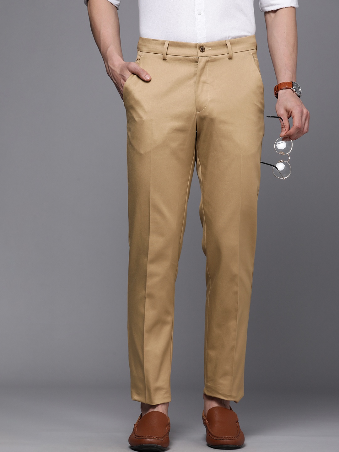 

Louis Philippe Men Pure Cotton Slim Fit Mid-Rise Formal Trousers, Khaki