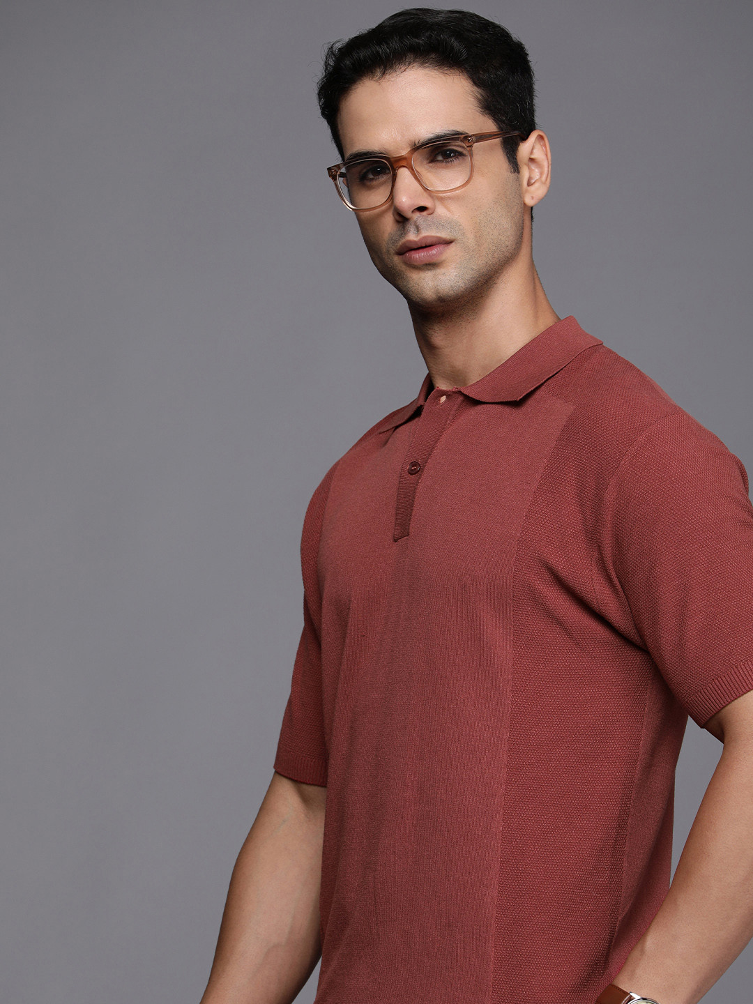 

Louis Philippe Self-Design Polo Collar T-shirt, Rust