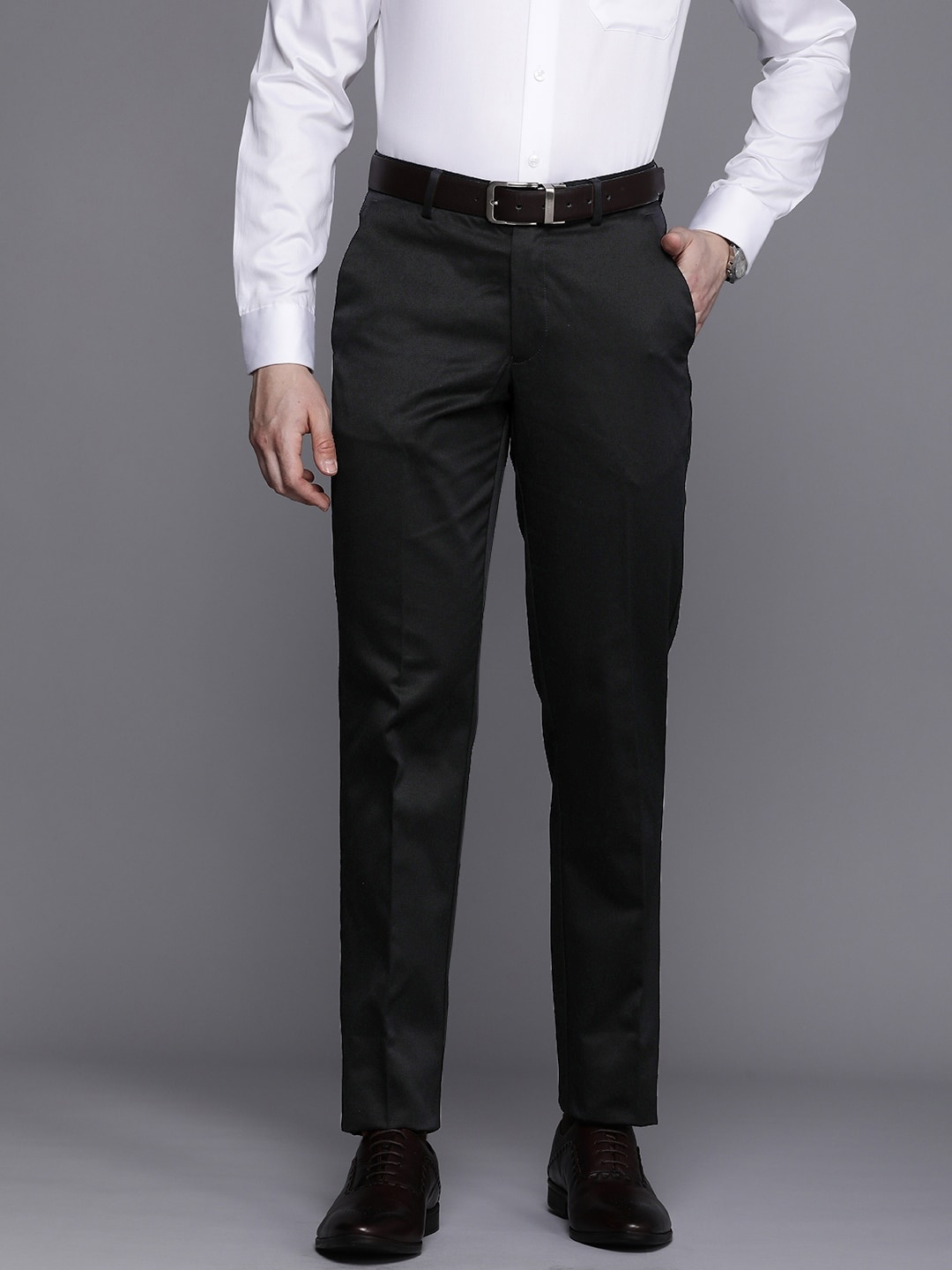 

Louis Philippe Men Solid Slim Fit Pure Cotton Formal Trousers, Black