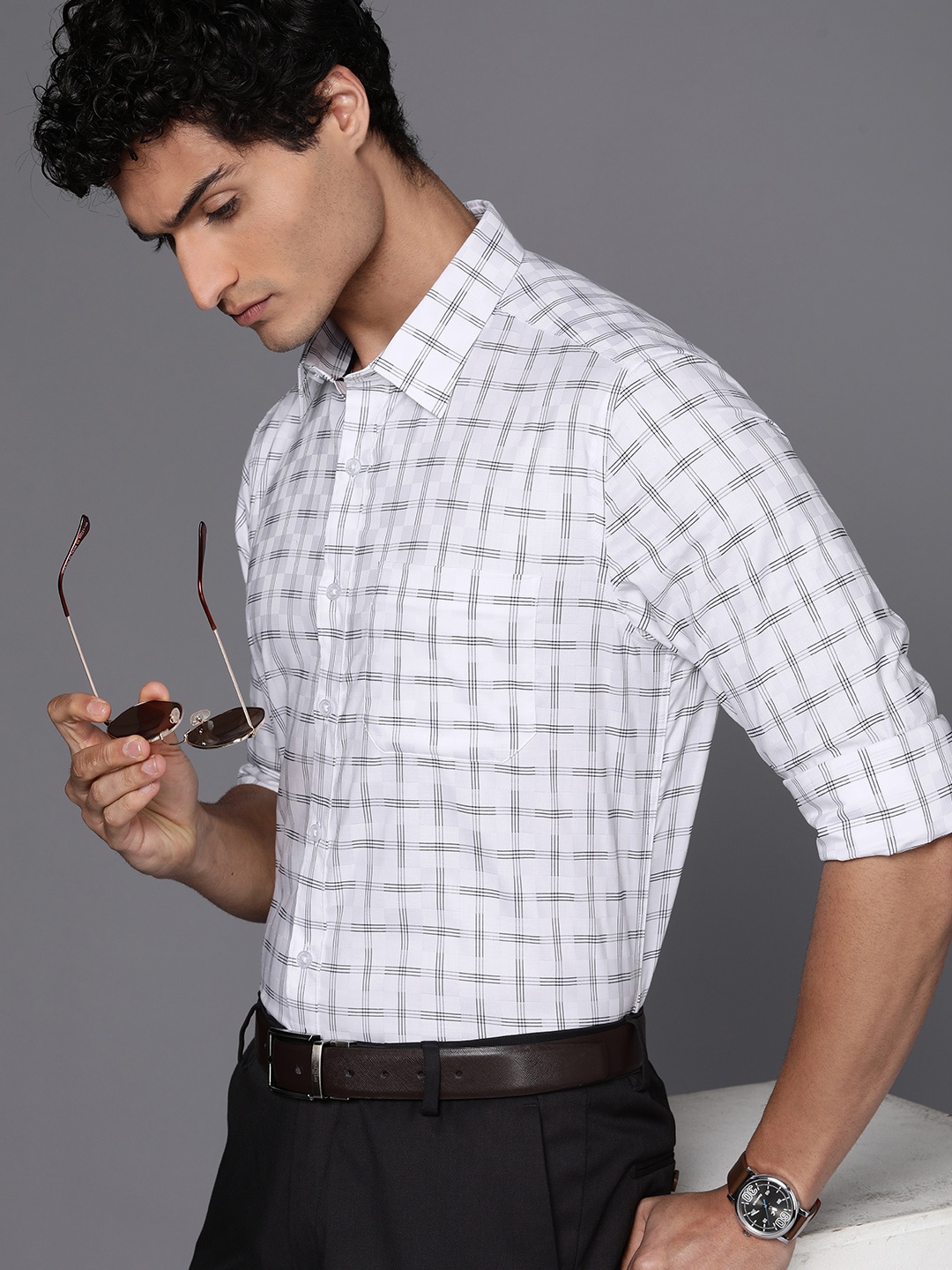 

Louis Philippe Pure Cotton Slim Fit Windowpane Checks Opaque Formal Shirt, White