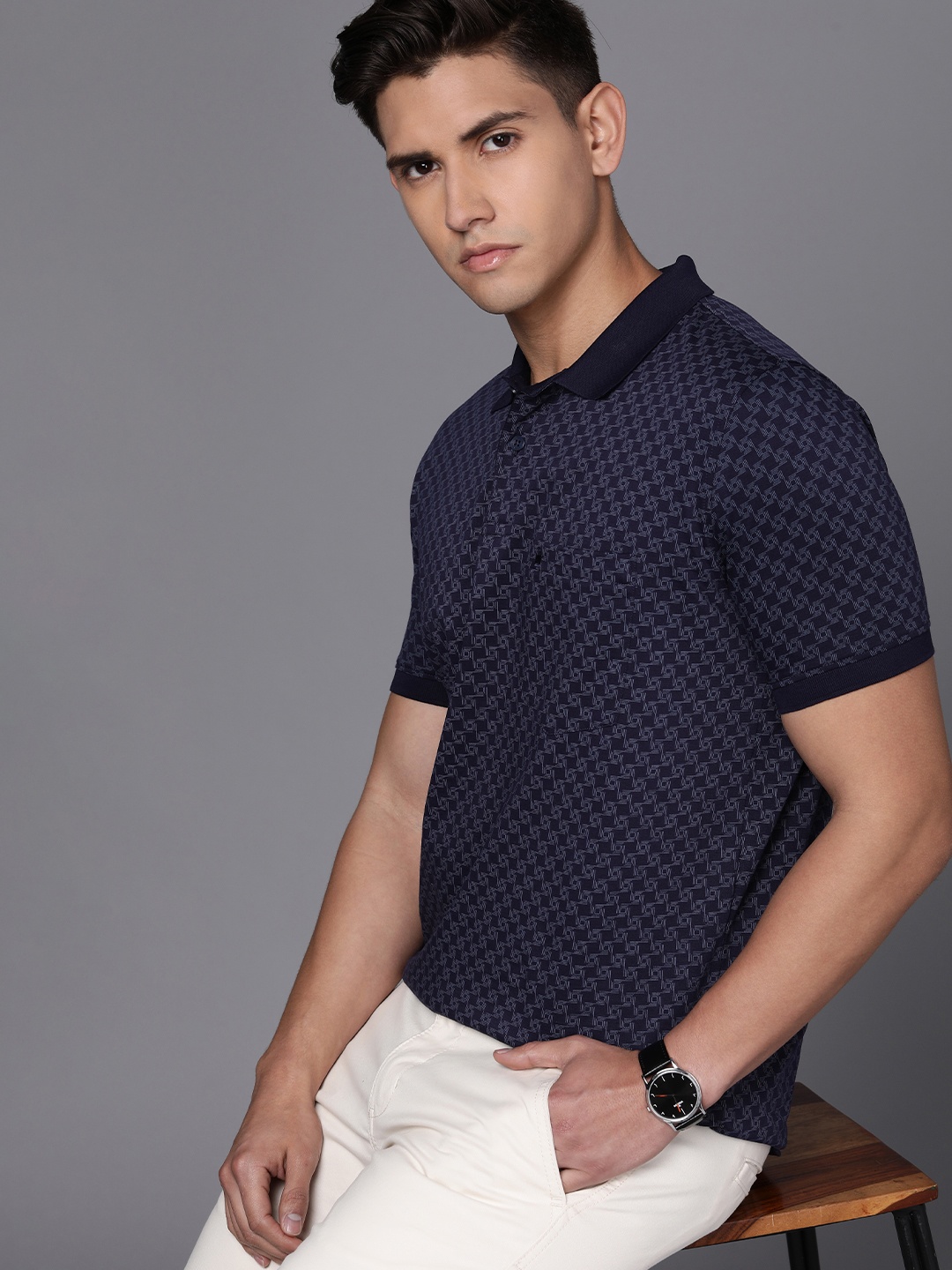 

Louis Philippe Men Printed Polo Collar Pure Cotton T-shirt, Navy blue