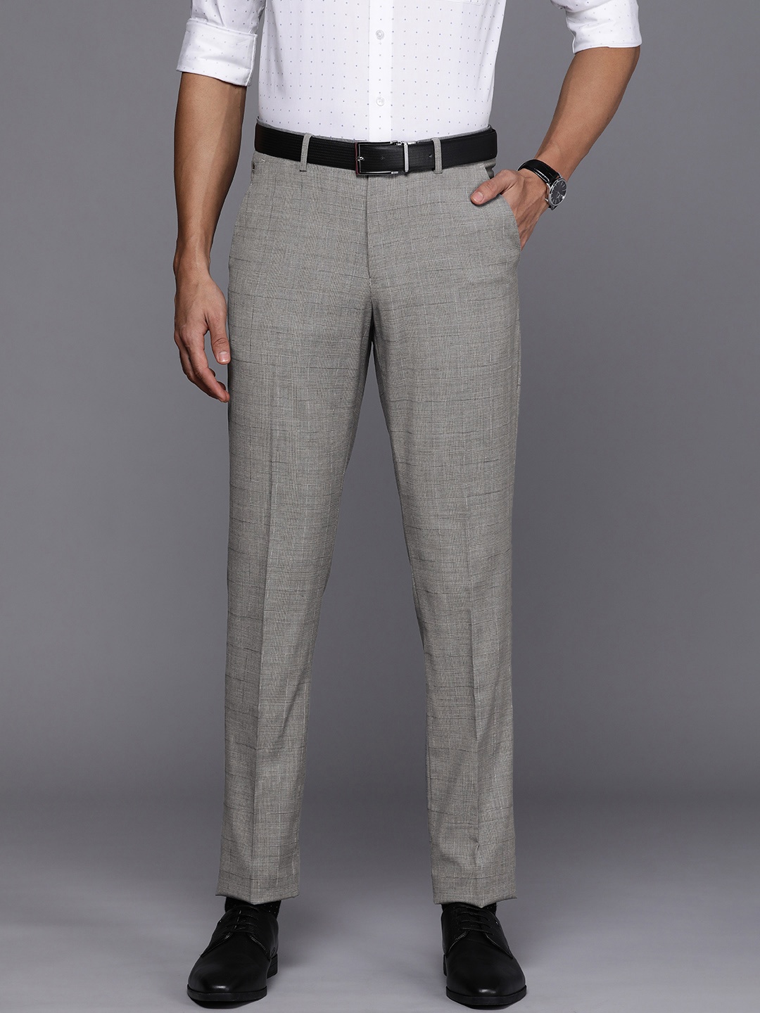 

Louis Philippe Men Checked Slim Fit Trousers, Grey