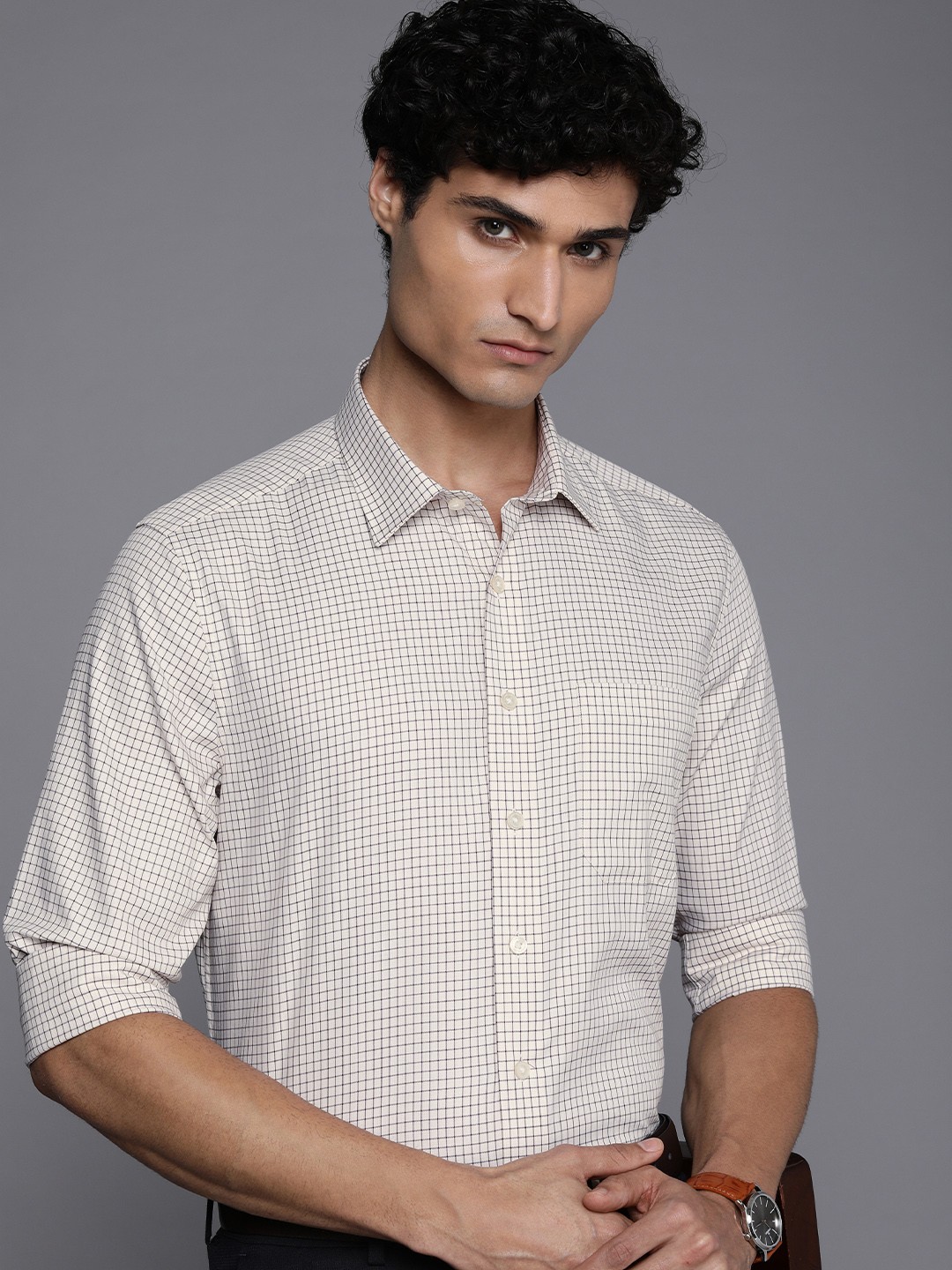 

Louis Philippe Men Pure Cotton Slim Fit Grid Tattersall Checks Formal Shirt, Cream