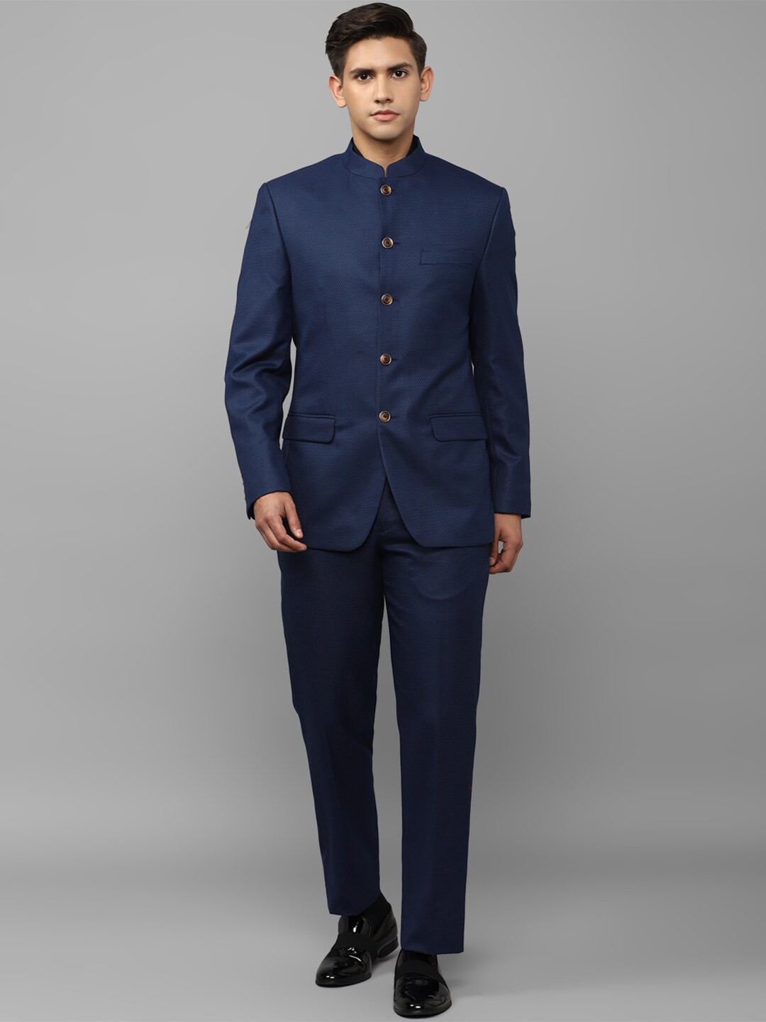 

Louis Philippe Men Navy Blue Two Piece Self Design Bandhgala Suit