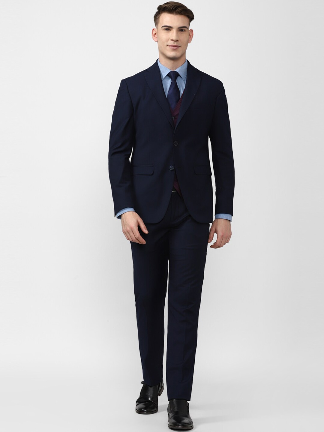 

Peter England Elite Men Single Breasted Slim Fit Three Piece Formal Suit, Navy blue