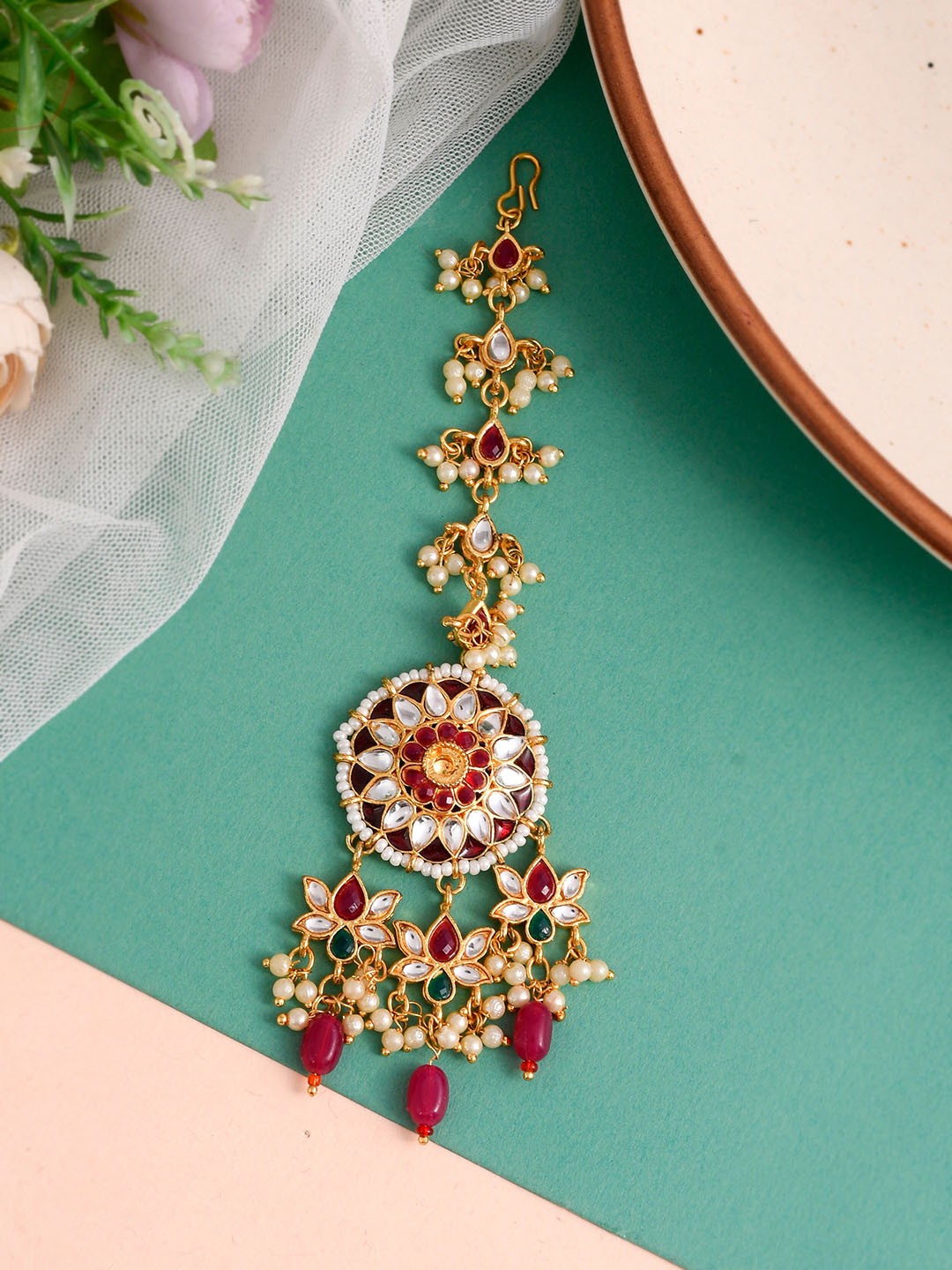 

Silvermerc Designs Gold-Plated Kundan Studded & Beaded Maang-Tika