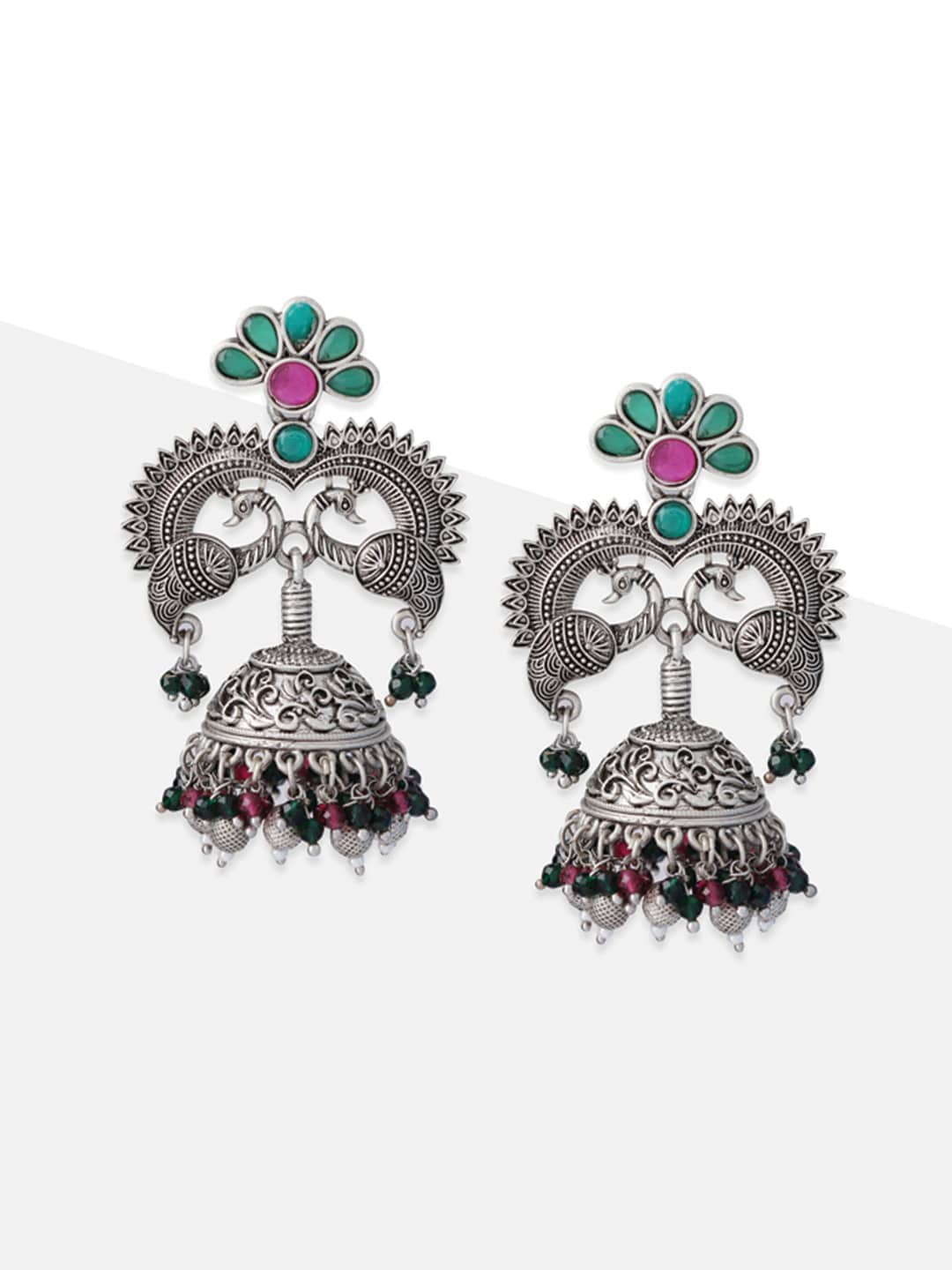 

Tipsyfly Peacock Shaped Silver-Plated Jhumkas Earrings, Grey melange