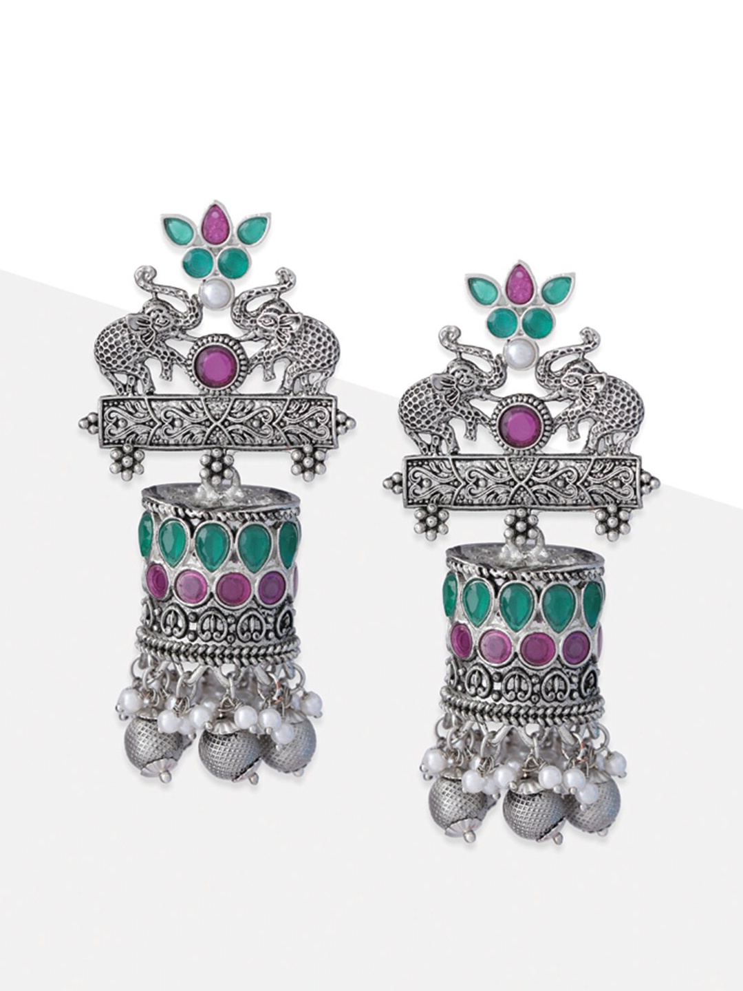 

Tipsyfly Peacock Shaped Silver-Plated Jhumkas Earrings, Grey melange