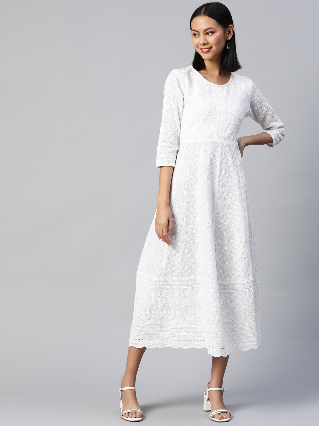 Readiprint Fashions Floral Embroidered Ethnic A-Line Midi Dress, White