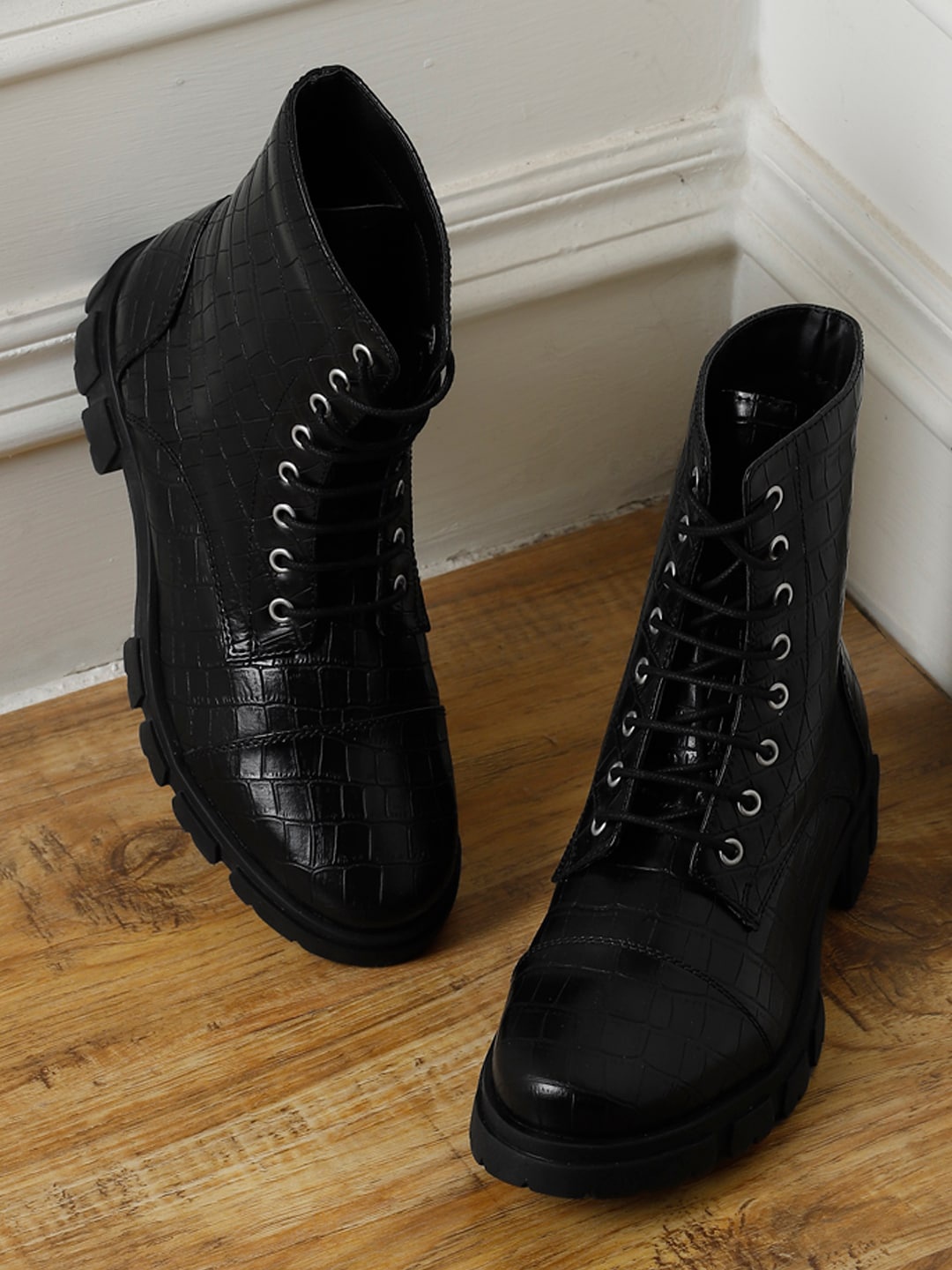 

Truffle Collection Women Textured Lace-Up Biker Boots, Black