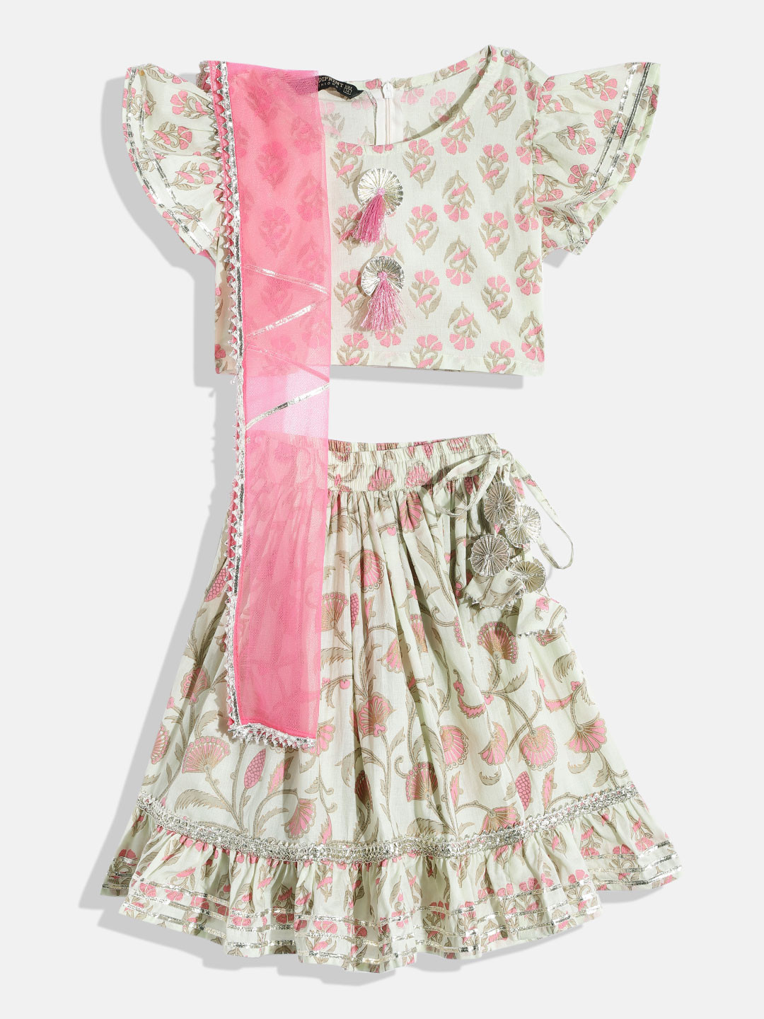 

Readiprint Fashions Girls Block Print Ready to Wear Cotton Lehenga & Blouse With Dupatta, Green