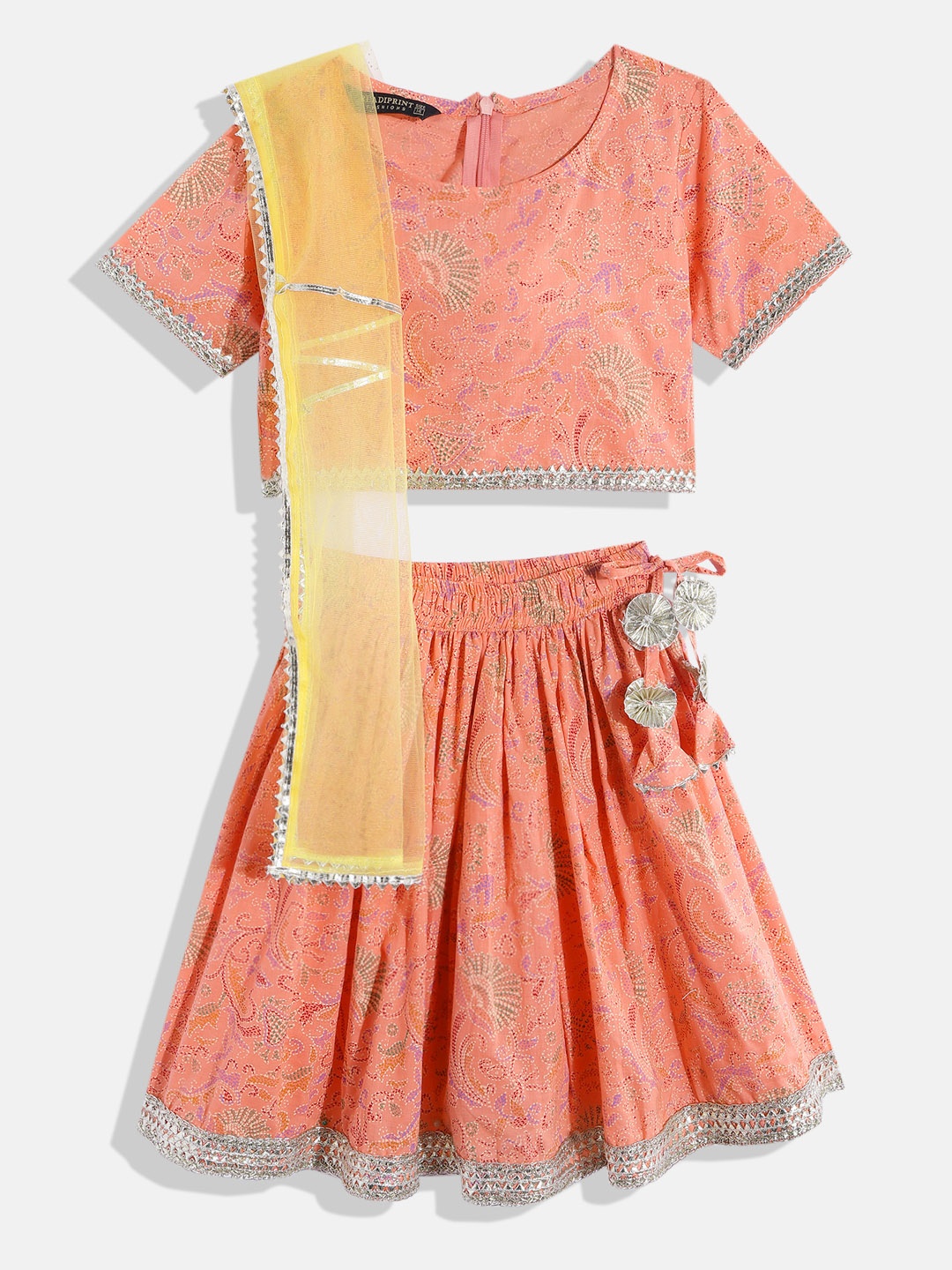 

Readiprint Fashions Girls Printed Ready to Wear Cotton Lehenga & Blouse With Dupatta, Peach