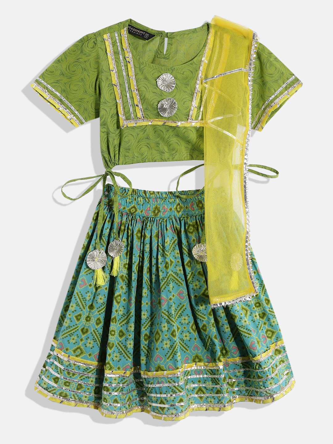 

Readiprint Fashions Girls Printed Ready to WearCotton Lehenga & Blouse With Dupatta, Green