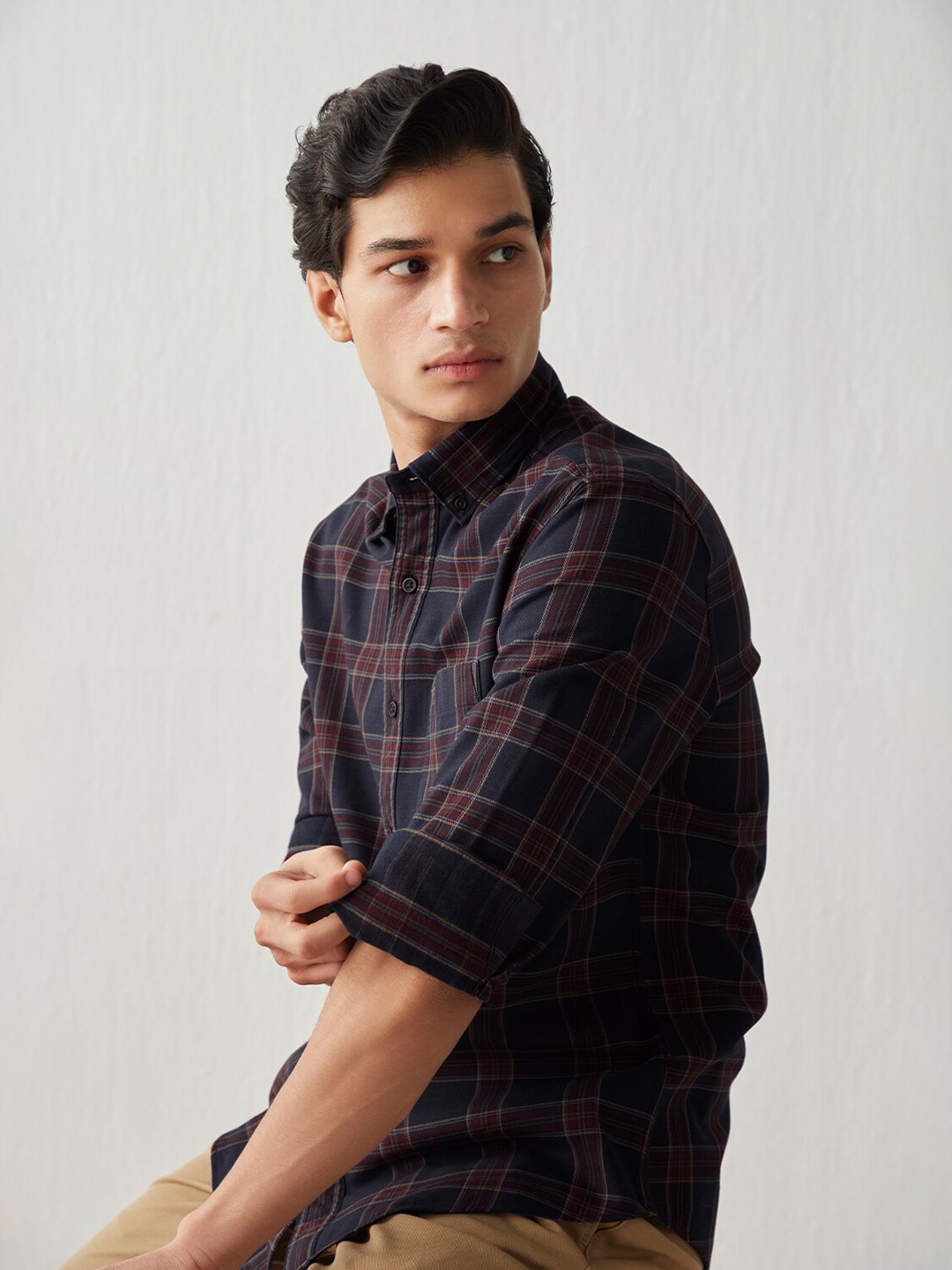 

Andamen Men Classic Tartan Checks Checked Cotton Casual Shirt, Blue