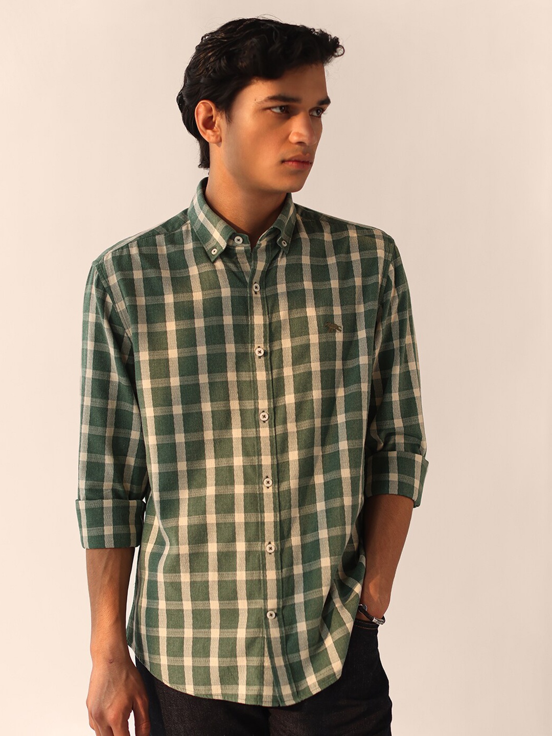 

Andamen Men Classic Tartan Checked Cotton Casual Shirt, Green