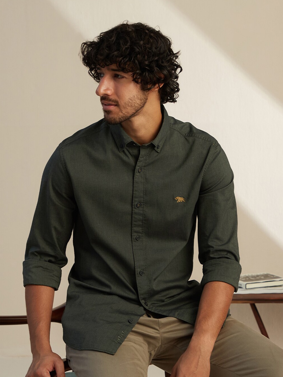 

Andamen Men Cotton Solid Classic Slim Fit Casual Shirt, Olive