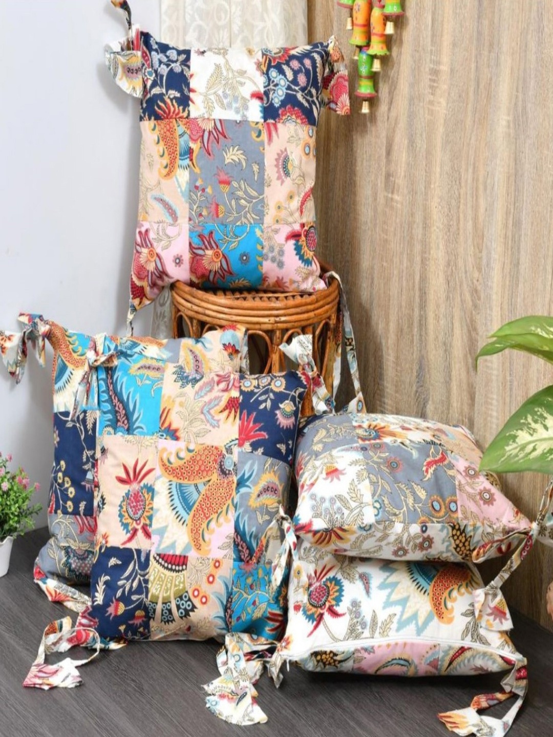 

INDHOME LIFE Blue & White Set of 5 Reversible Tassels Patch Work Cotton Cushion Covers
