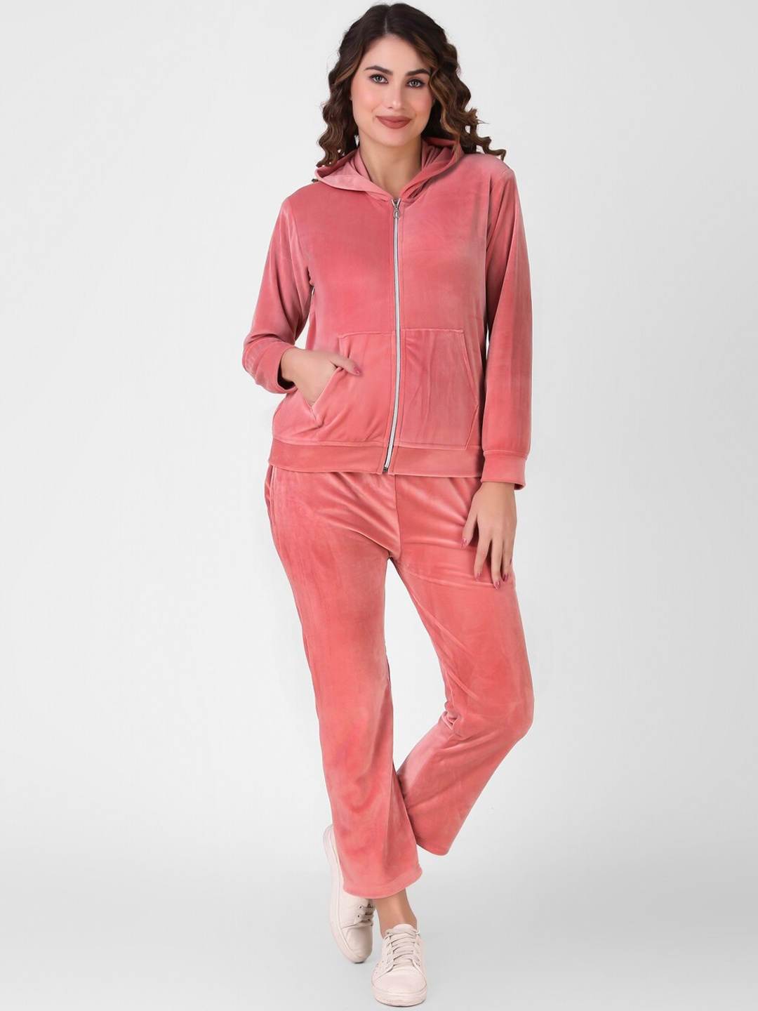 

FNOCKS Women Hooded Fleece Tracksuit, Peach
