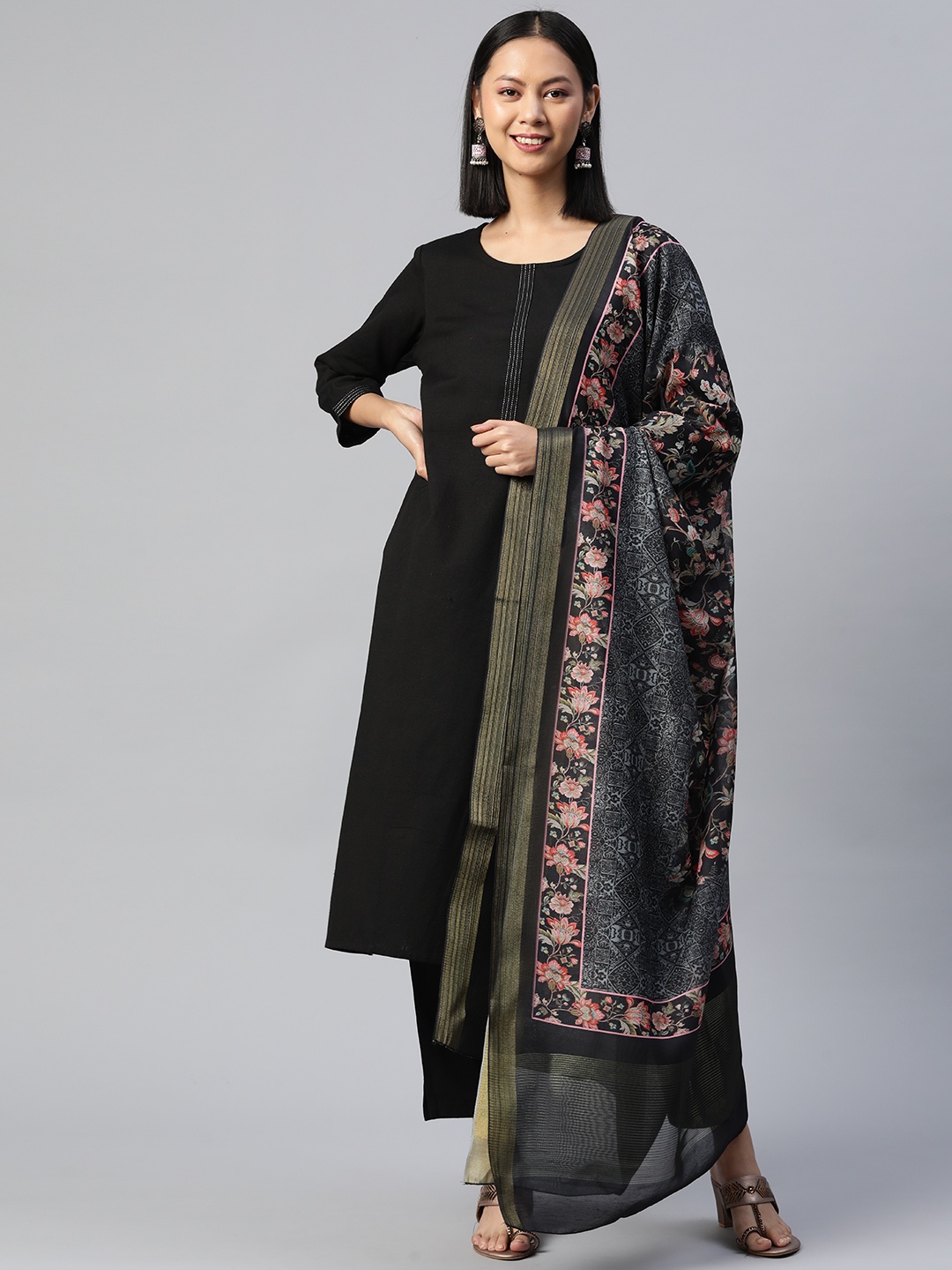 

Readiprint Women Pure Cotton Kurta with Trousers & Dupatta, Black
