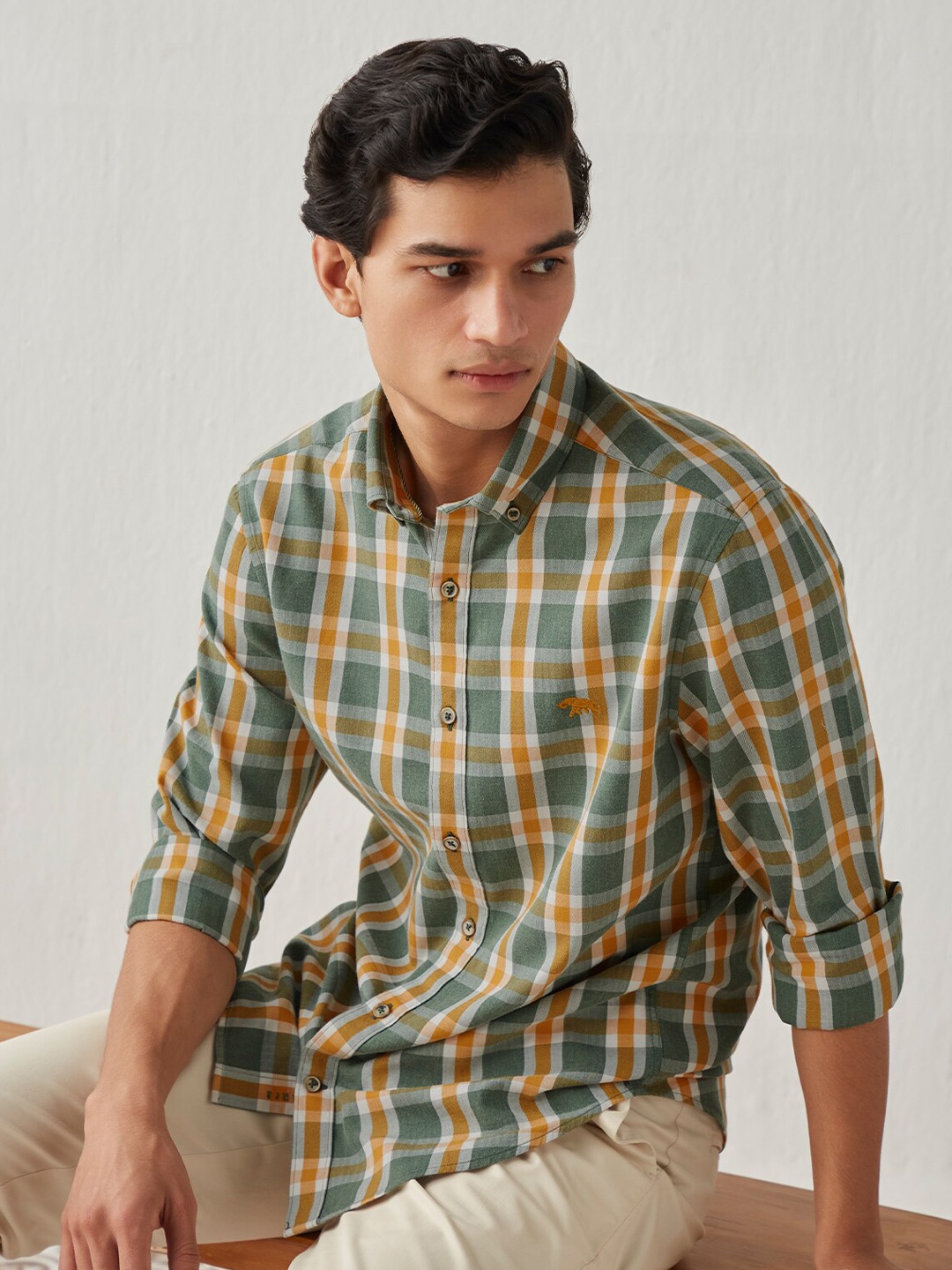 

Andamen Men Classic Tartan Checked Cotton Casual Shirt, Green