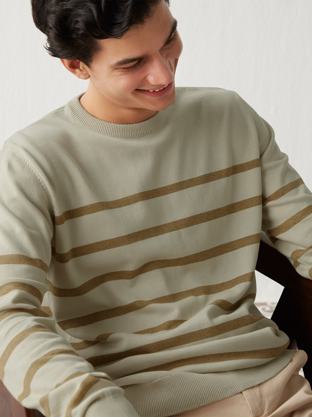

Andamen Men Striped Round Neck Cotton Pullover, Khaki