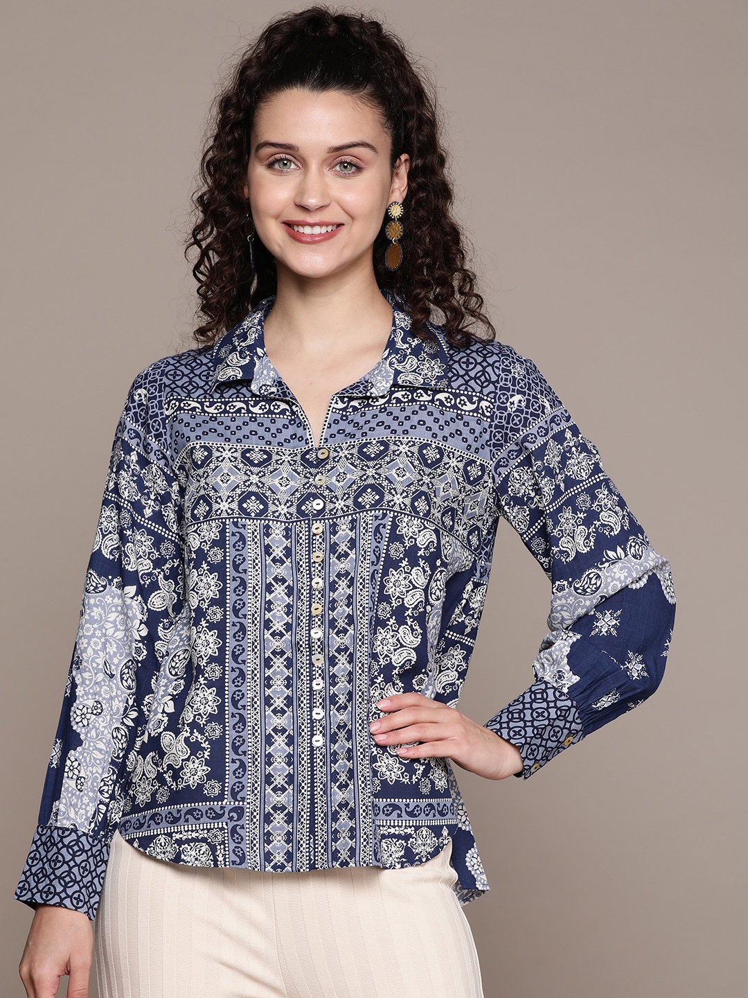 

aarke Ritu Kumar Women Blue Relaxed Floral Printed Casual Shirt