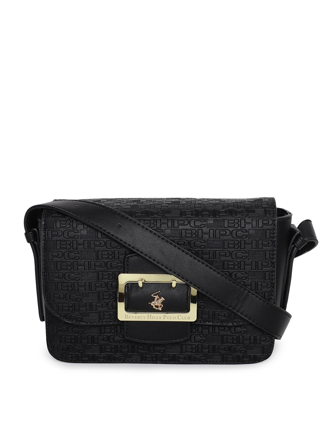 

Beverly Hills Polo Club Textured Sling Bag with Flap Closure, Black