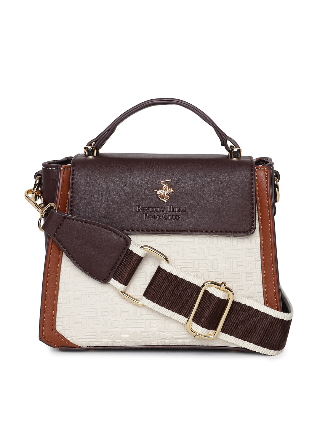 

Beverly Hills Polo Club Colourblocked Logo Print Hanwith Lobster Claw Clasp Satchel, Cream