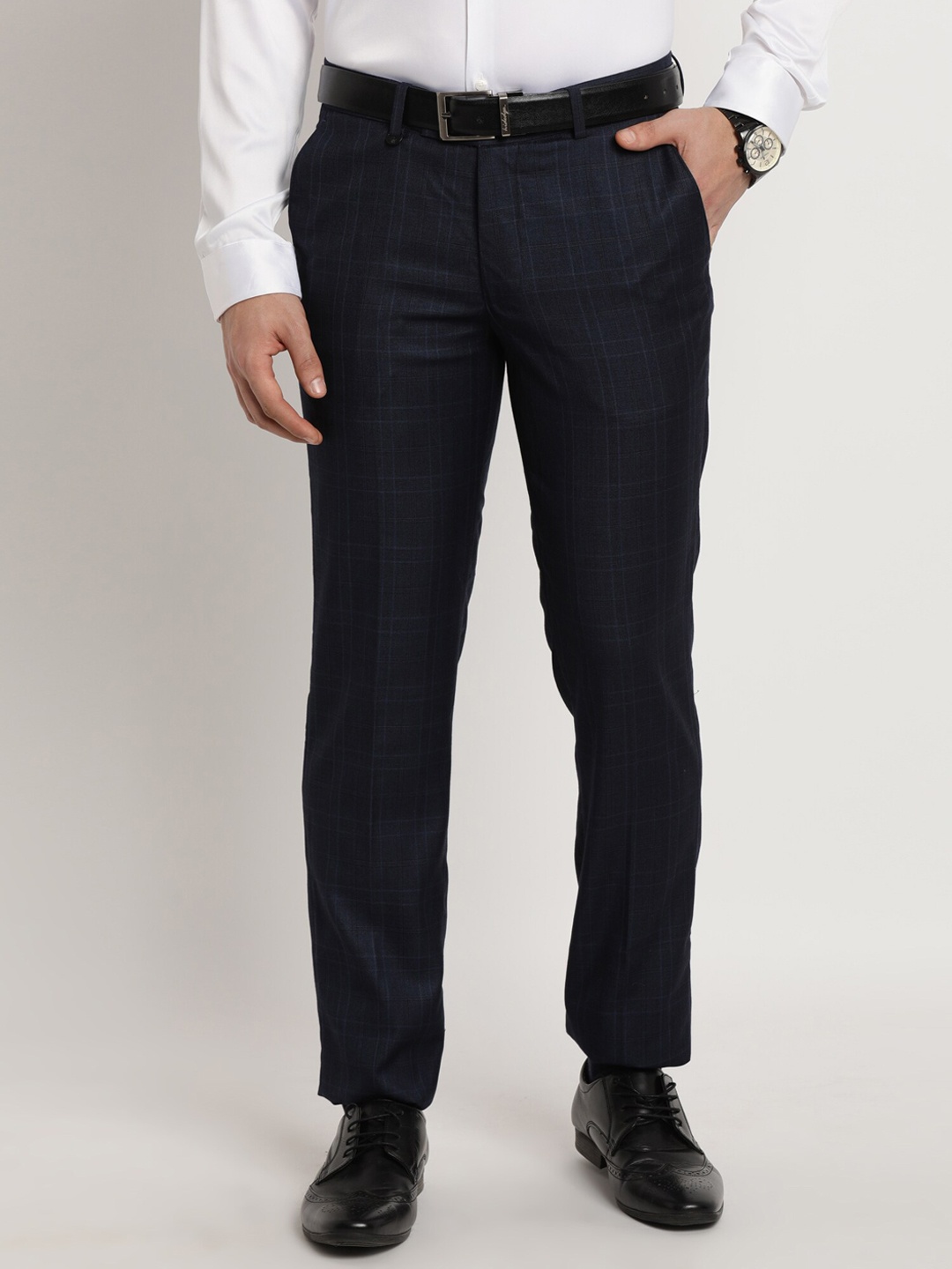 

Turtle Men Checked Tailored Slim Fit Trousers, Navy blue