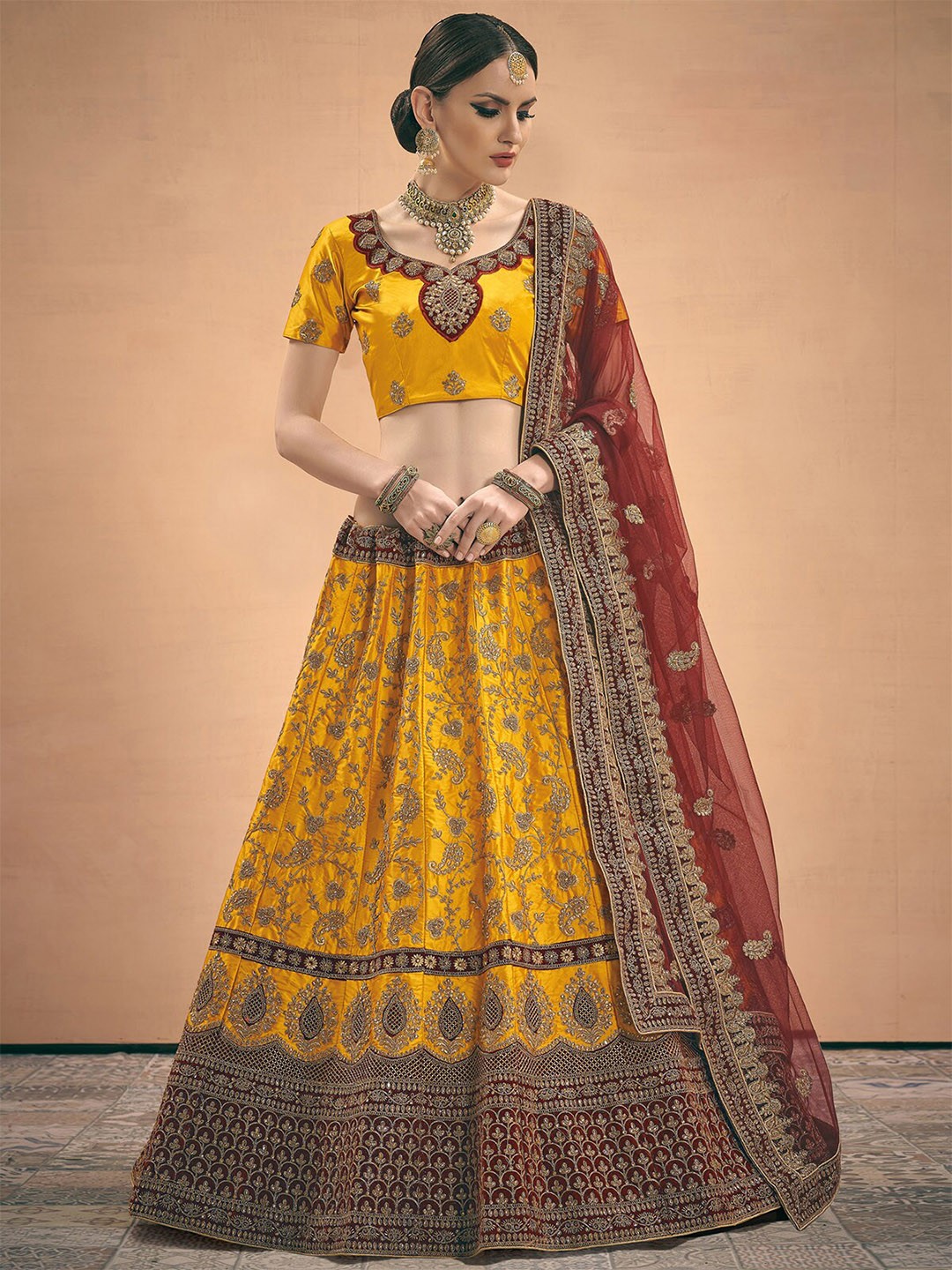 

ODETTE Embroidered Thread Work Semi-Stitched Lehenga & Unstitched Blouse With Dupatta, Mustard