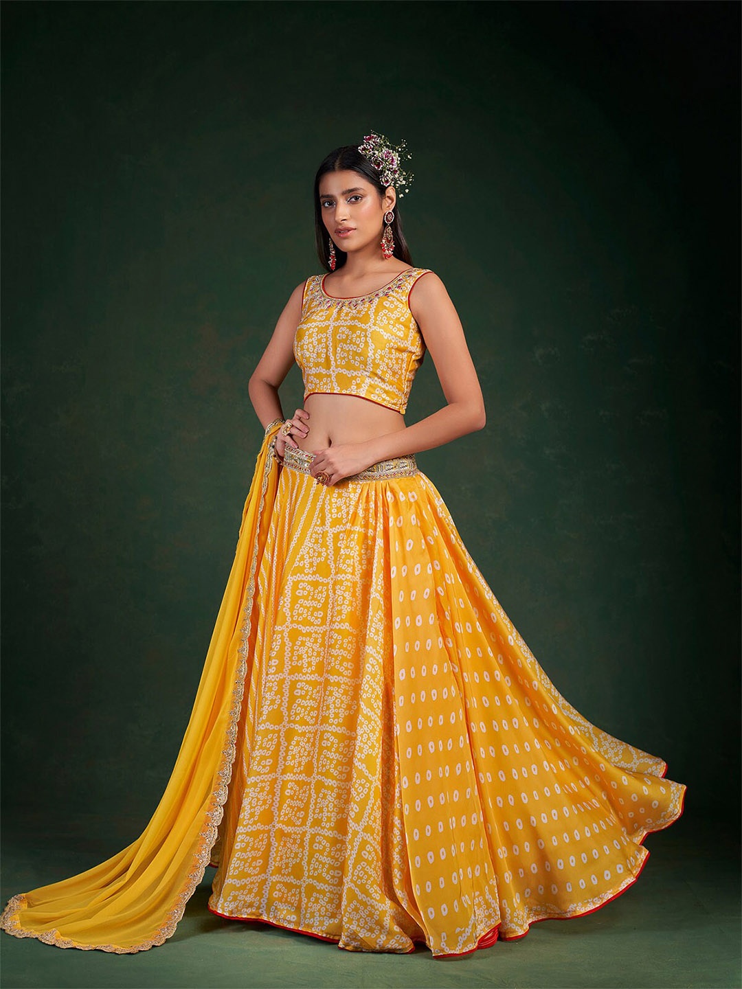 

ODETTE Printed Semi-Stitched Lehenga & Unstitched Blouse With Dupatta, Yellow