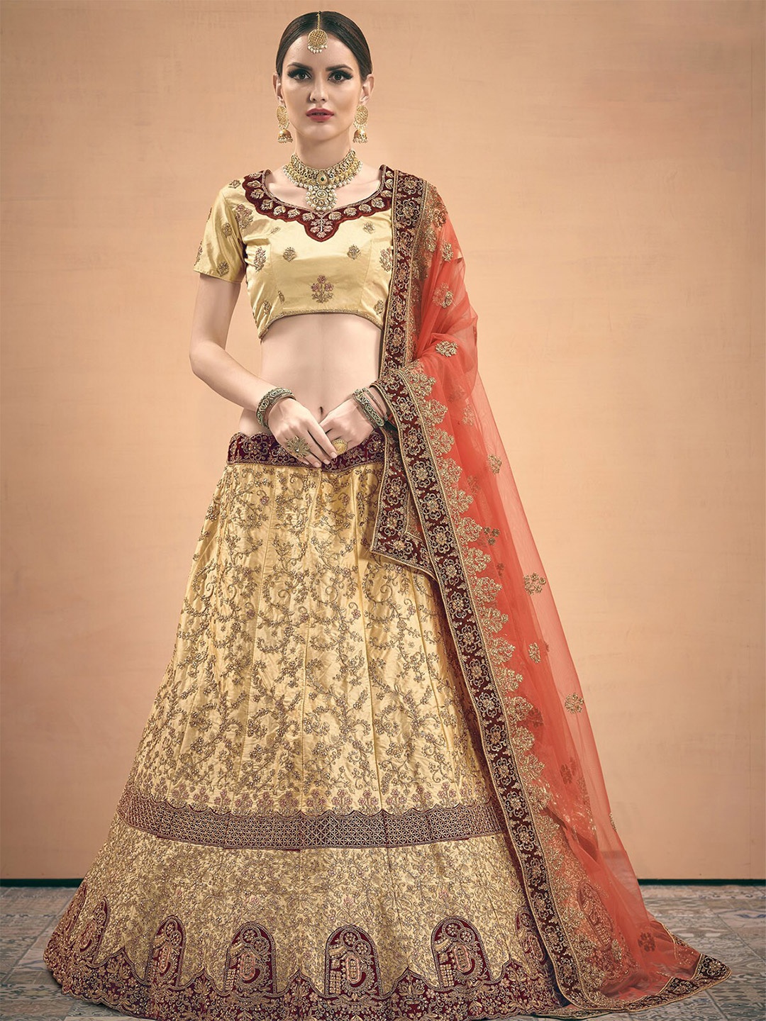 

ODETTE Embroidered Semi-Stitched Lehenga & Unstitched Blouse With Dupatta, Beige