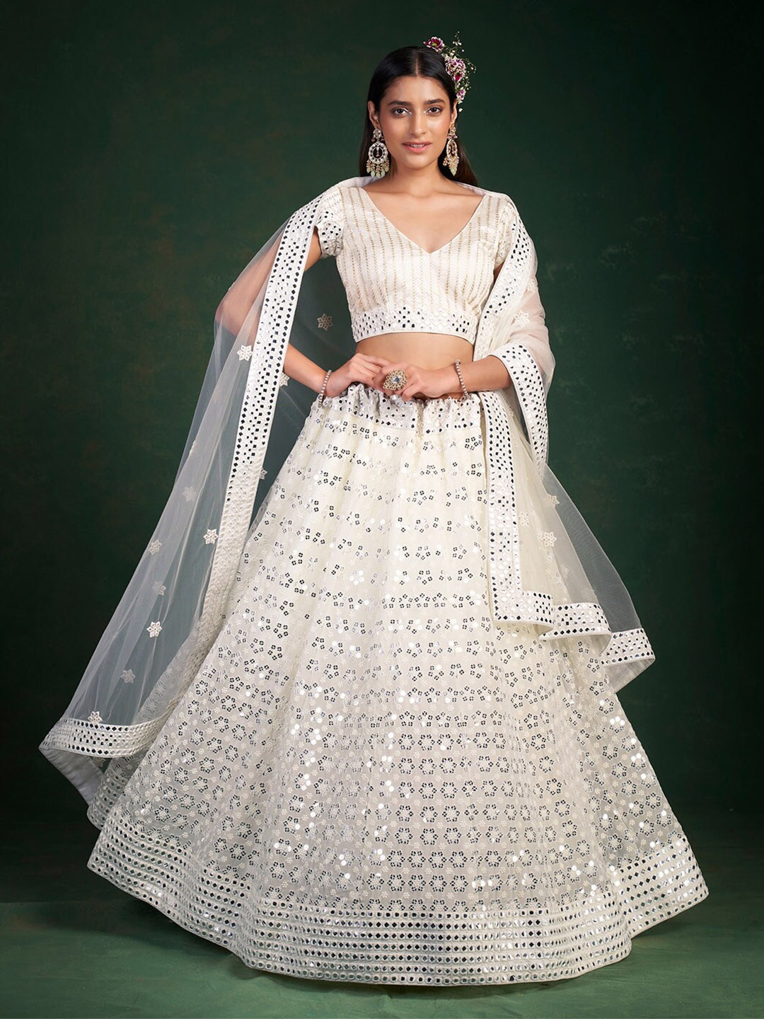 

ODETTE Embroidered Semi-Stitched Lehenga & Unstitched Blouse With Dupatta, White