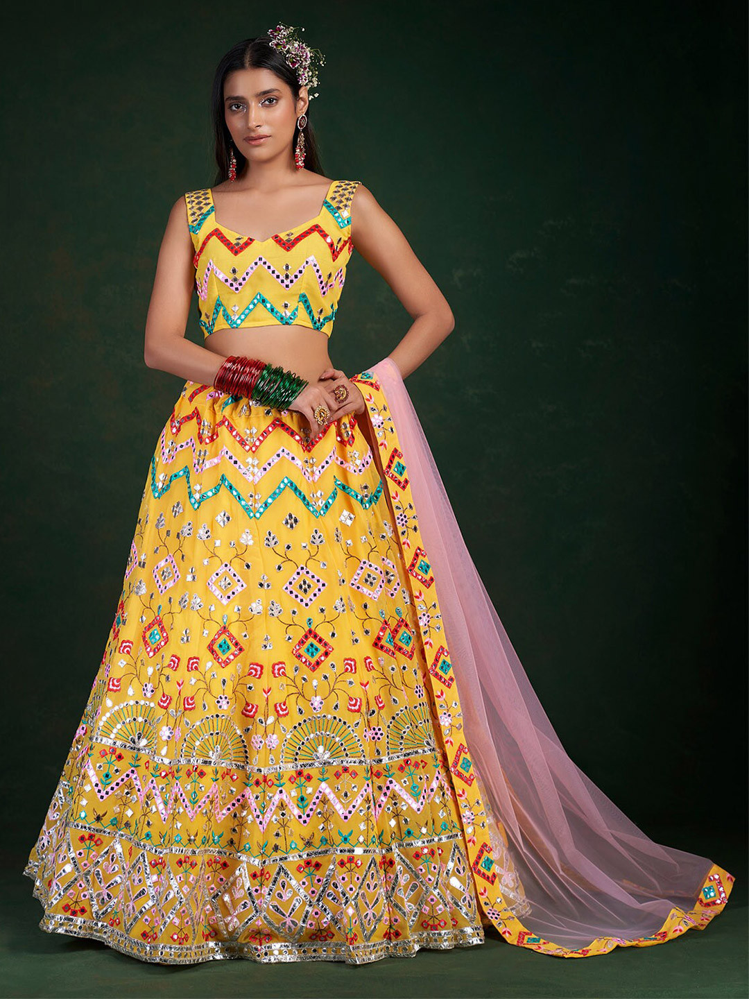 

ODETTE Embroidered Mirror Work Semi-Stitched Lehenga & Unstitched Blouse With Dupatta, Yellow
