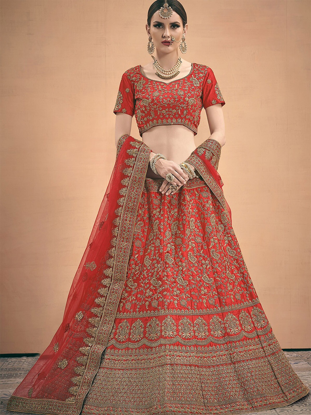 

ODETTE Red & Gold-Toned Embroidered Semi-Stitched Lehenga & Unstitched Blouse With Dupatta