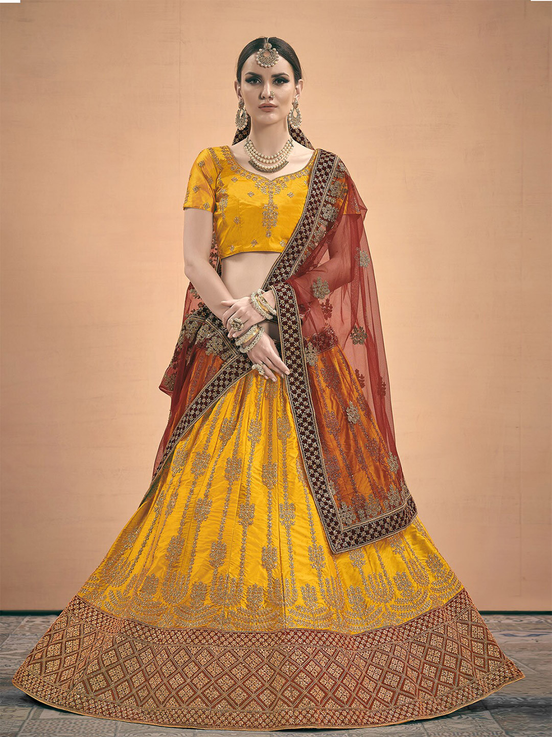 

ODETTE Embroidered Semi-Stitched Lehenga & Unstitched Blouse With Dupatta, Mustard