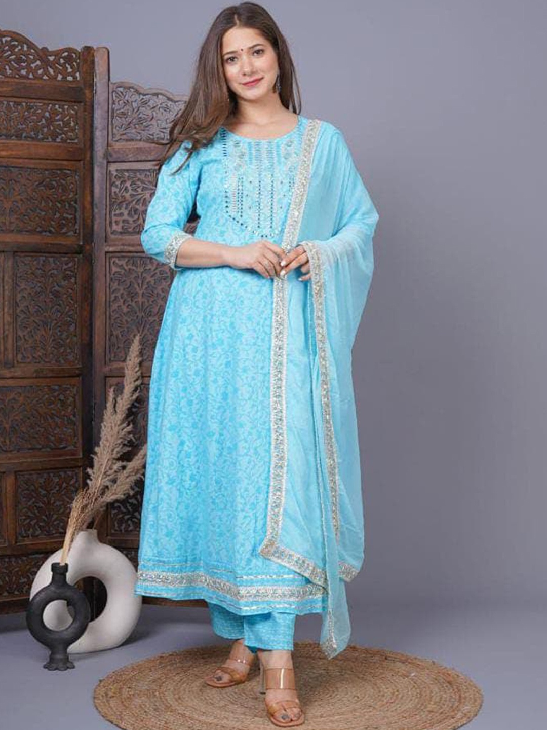 

SINGNI Women Blue Ethnic Motifs Embroidered Mirror Work Kurta with Trousers & With Dupatta