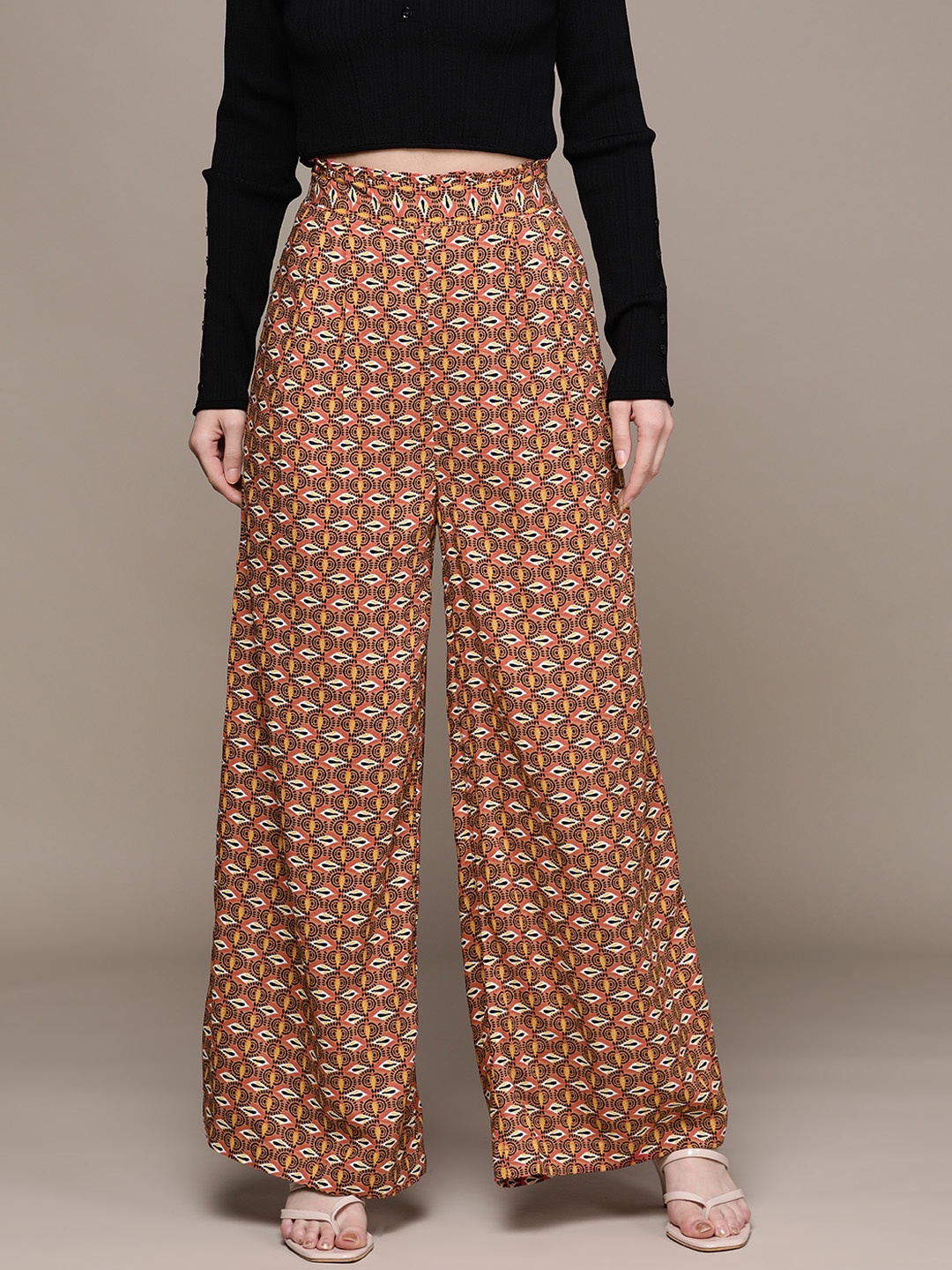 

Label Ritu Kumar Women Ethnic Motifs Printed Flared Trousers, Peach