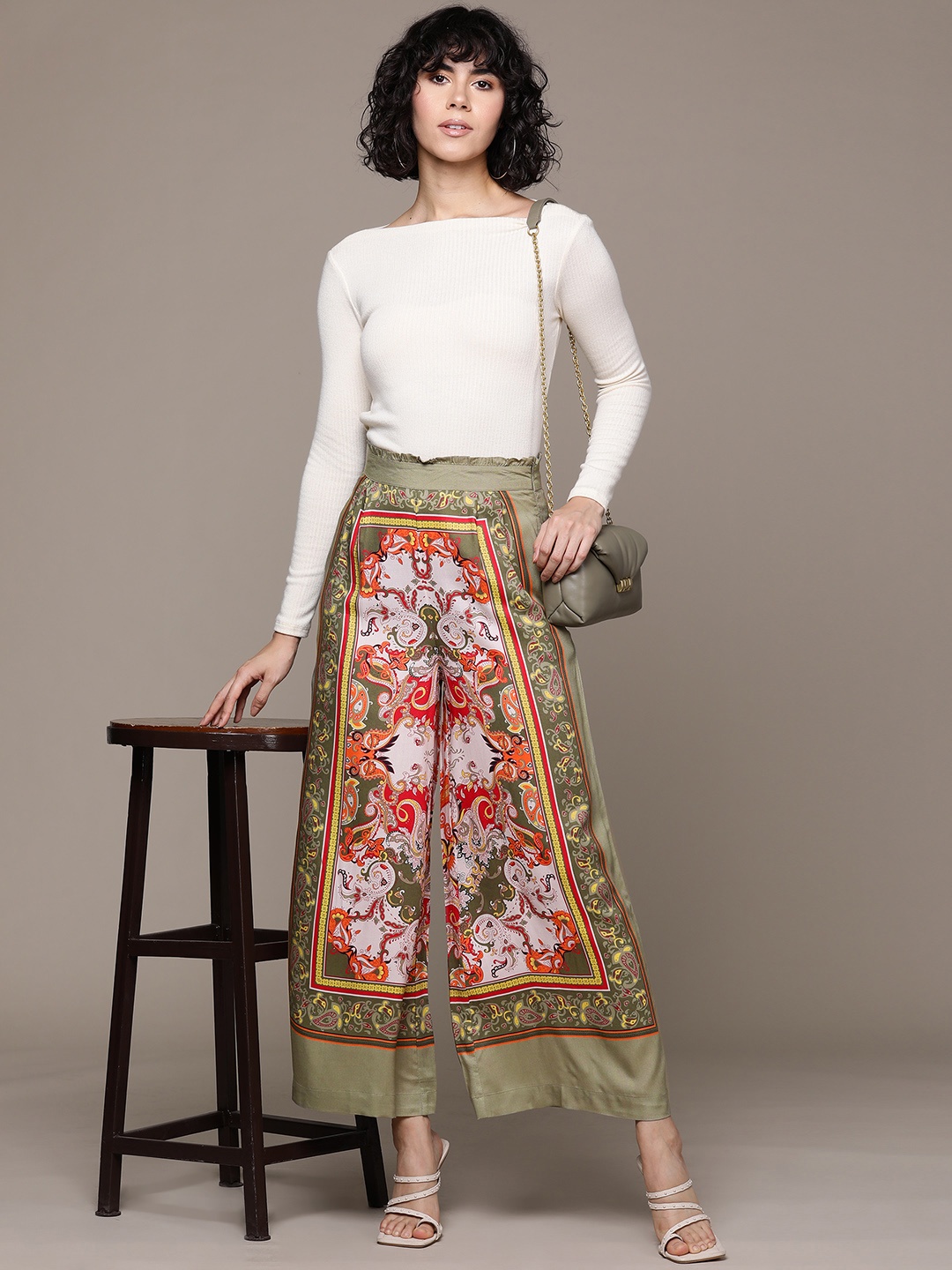 

Label Ritu Kumar Women Floral Printed Culottes Trousers, Olive