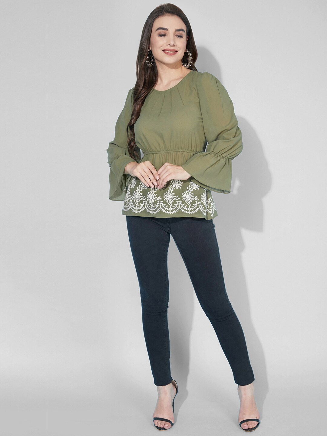 

Selvia Floral Embroidered Georgette Top, Olive