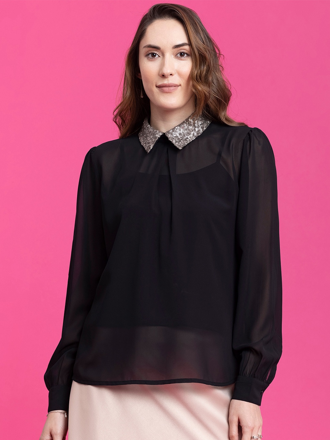 

FableStreet Black Embellished Semi Sheer Shirt Style Top
