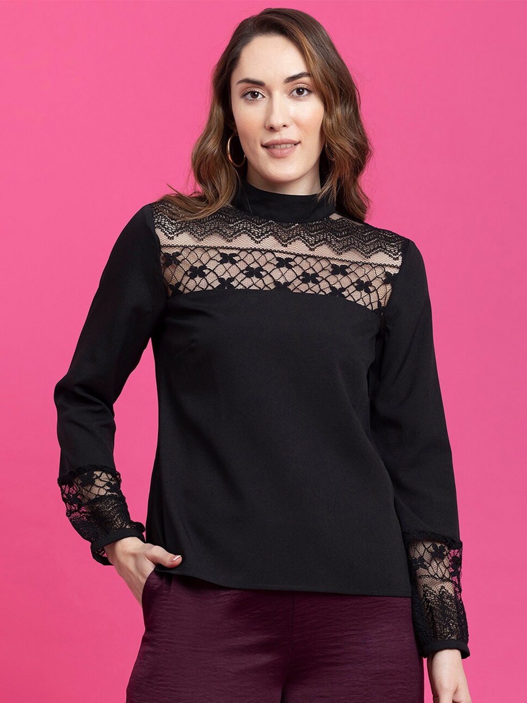 

FableStreet Embroidered Lace Top, Black