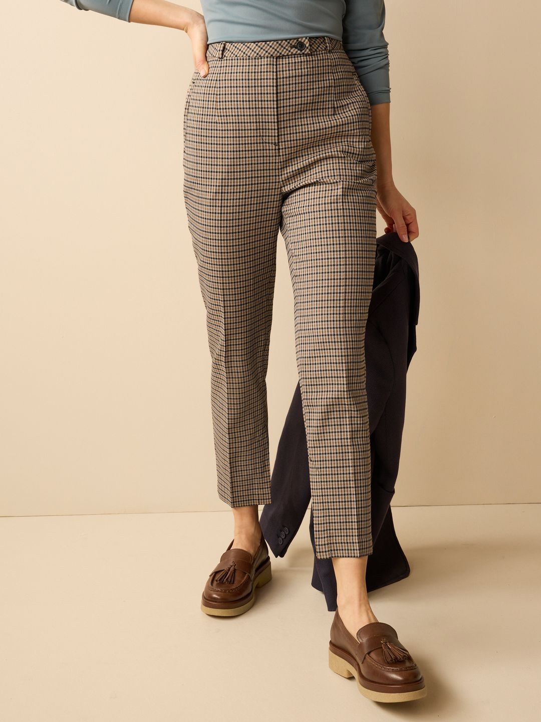 

NEXT Women Checked Slim Fit High-Rise Pleated Trousers, Beige