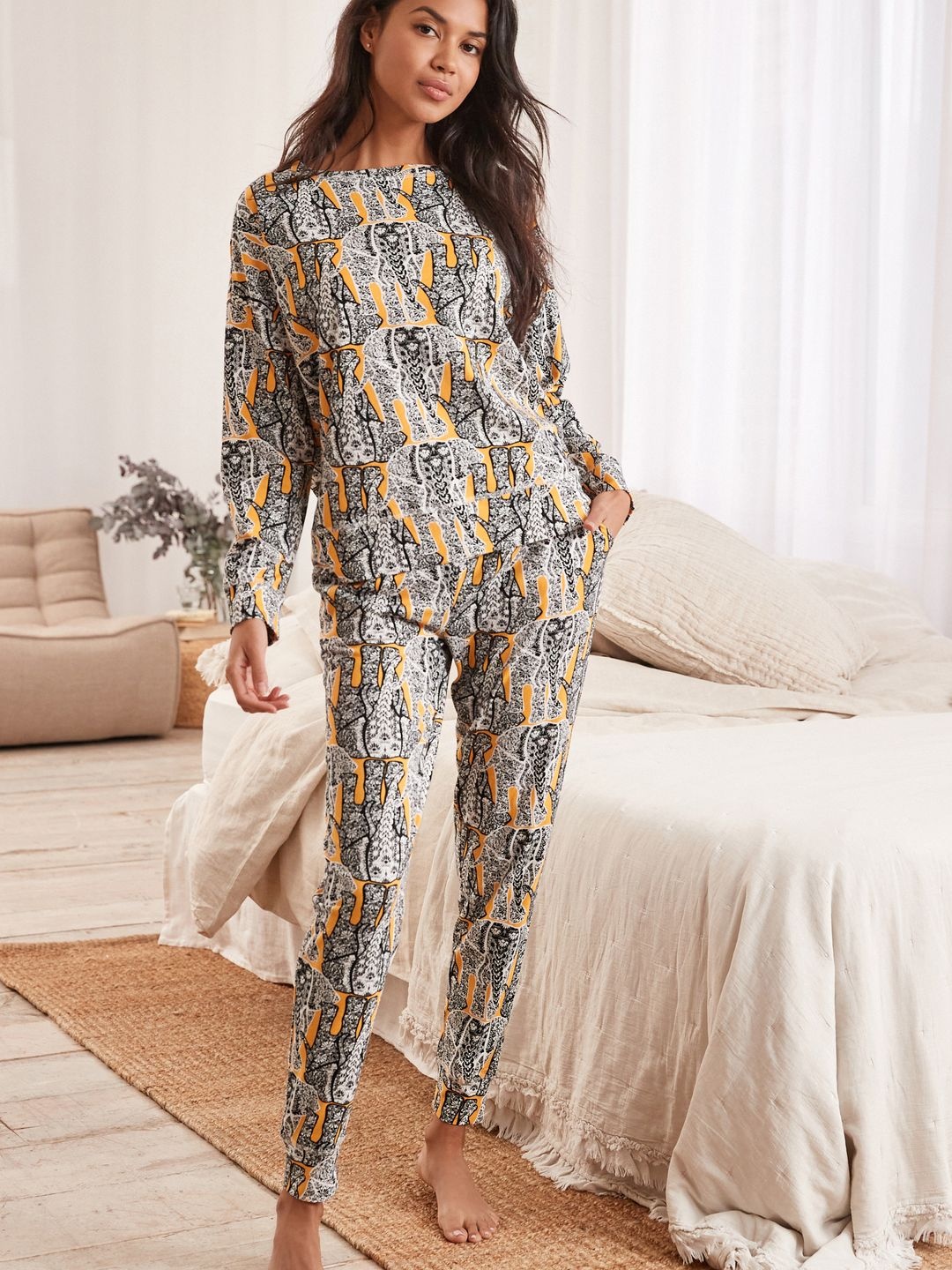 

NEXT Women Pure Cotton Printed Pyjama Set, Black
