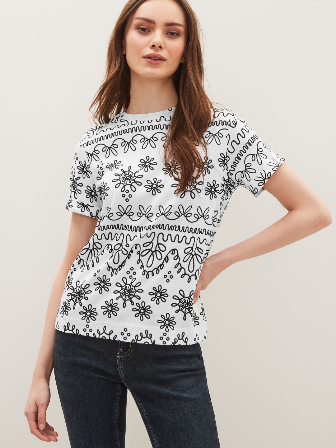 

NEXT Women Floral Printed Monochrome Pure Cotton T-shirt, White