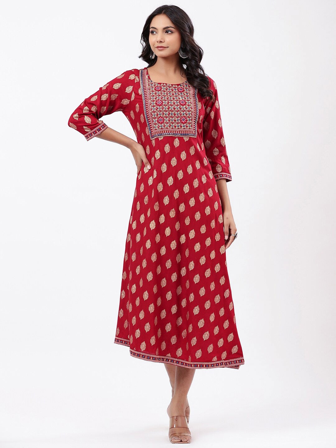 

Fabriko Maroon Ethnic Motifs Ethnic A-Line Midi Dress