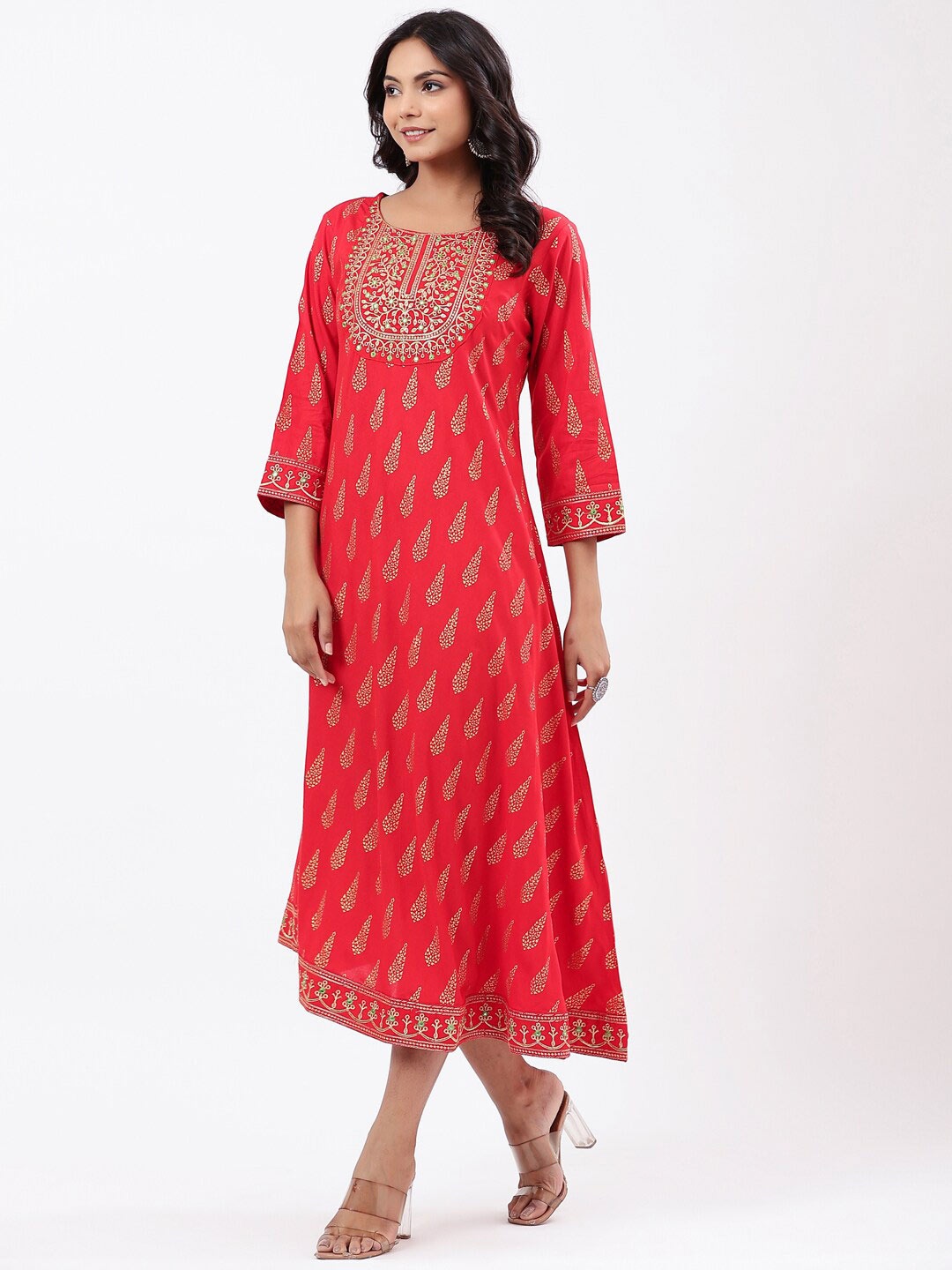 

Fabriko Women Ethnic Motifs Printed A-Line Ethnic Dress, Red
